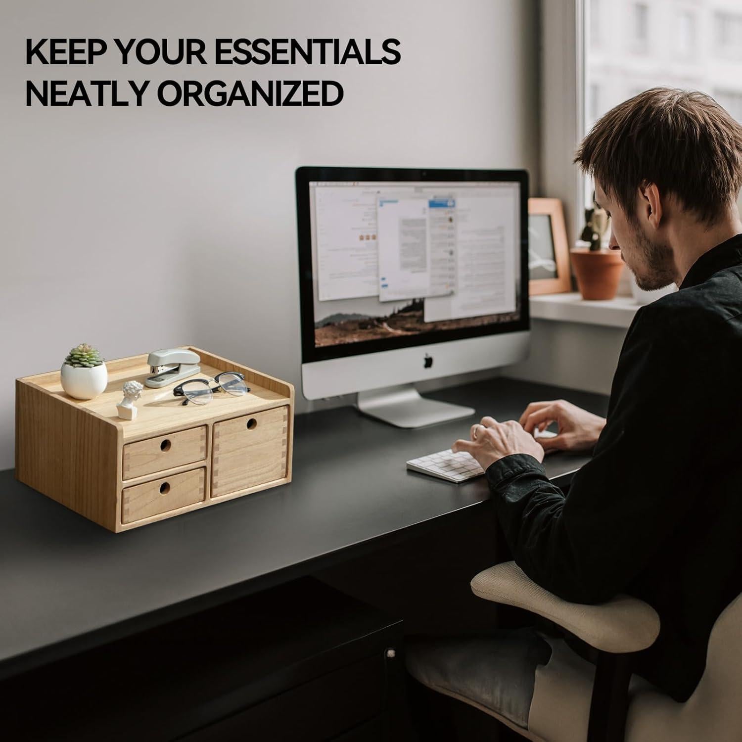 Organizador de Escritorio KIRIGEN de Madera Natural con 3 Cajones