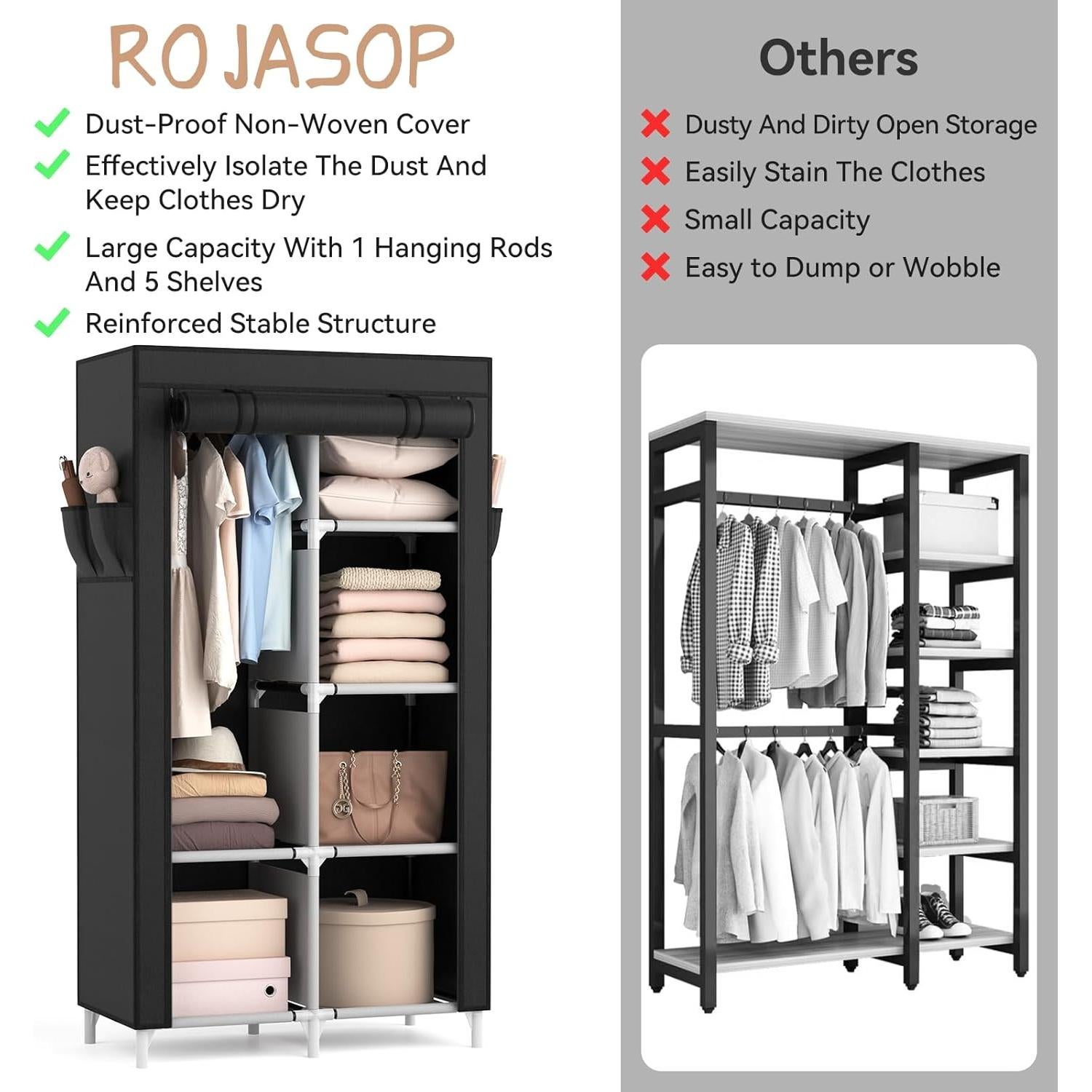 Armario Portátil Rojasop con 6 Estantes y Barra para Colgar