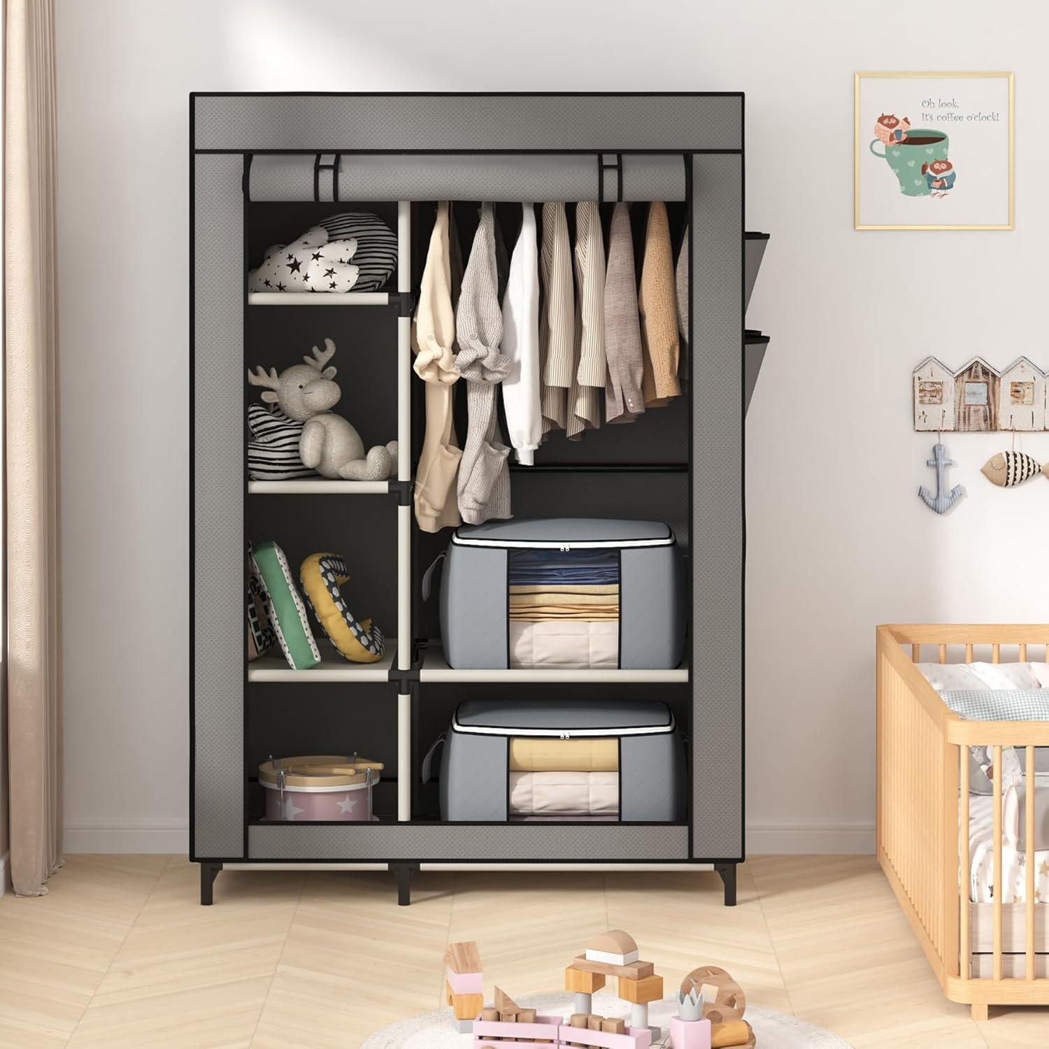 Armario Portable Calmootey Gris con 6 Estantes y Barra para Colgar