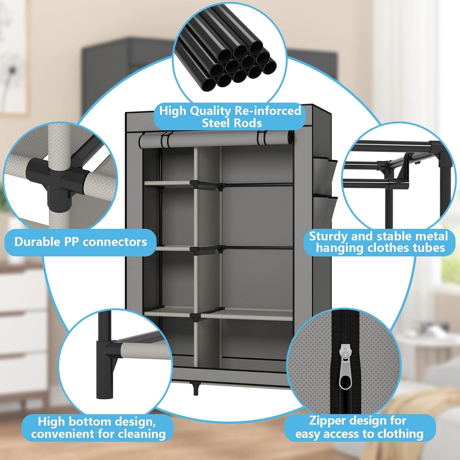 Armario Portable Calmootey Gris con 6 Estantes y Barra para Colgar