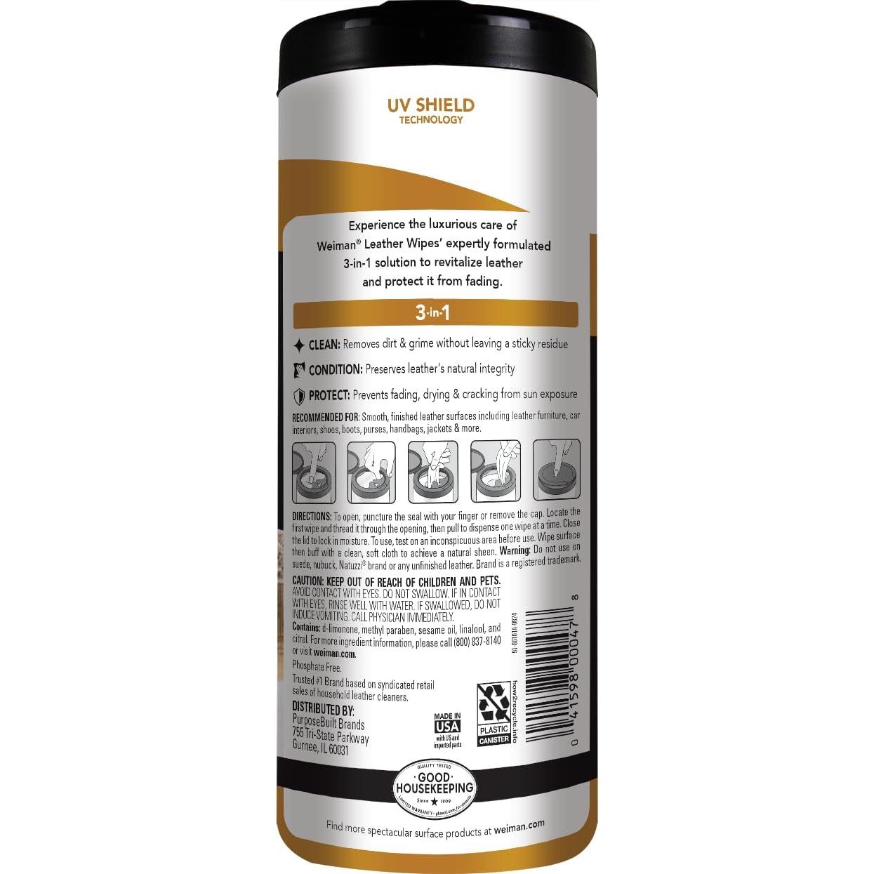 Toallitas Limpiadoras de Cuero Weiman - 30 Unidades, Protección UV