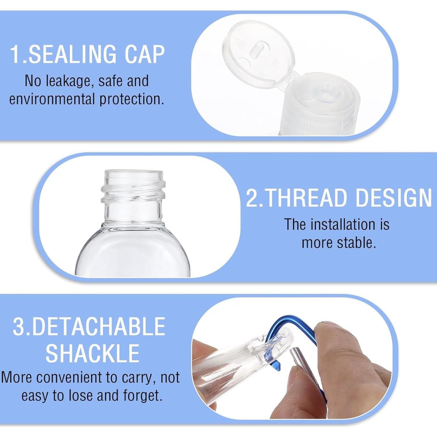 Juego de 5 Botellas de Viaje 50ml con Clip Soporte FUNAUPGO