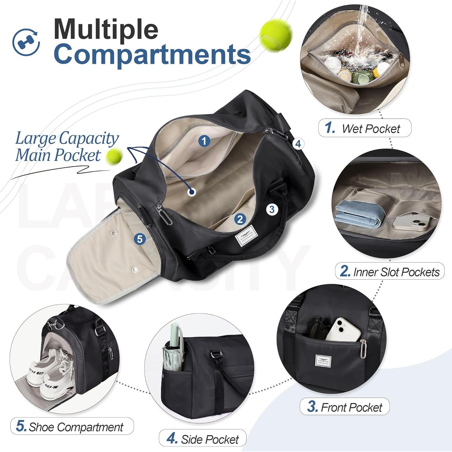 Bolsa de Deporte FIORETTO para Mujeres Negra con Compartimentos