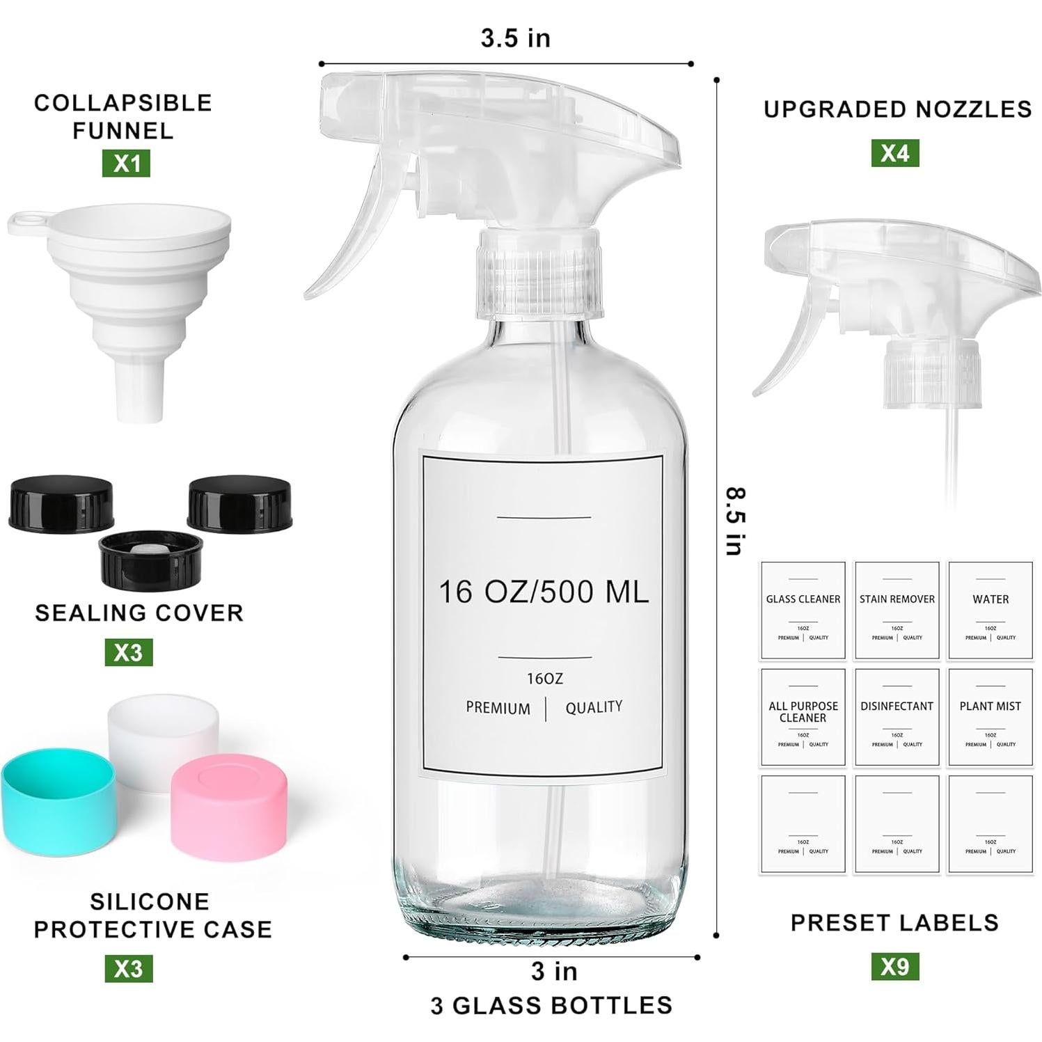 Botella de Spray de Vidrio YULING-X 500 ml 3 Piezas con Funda