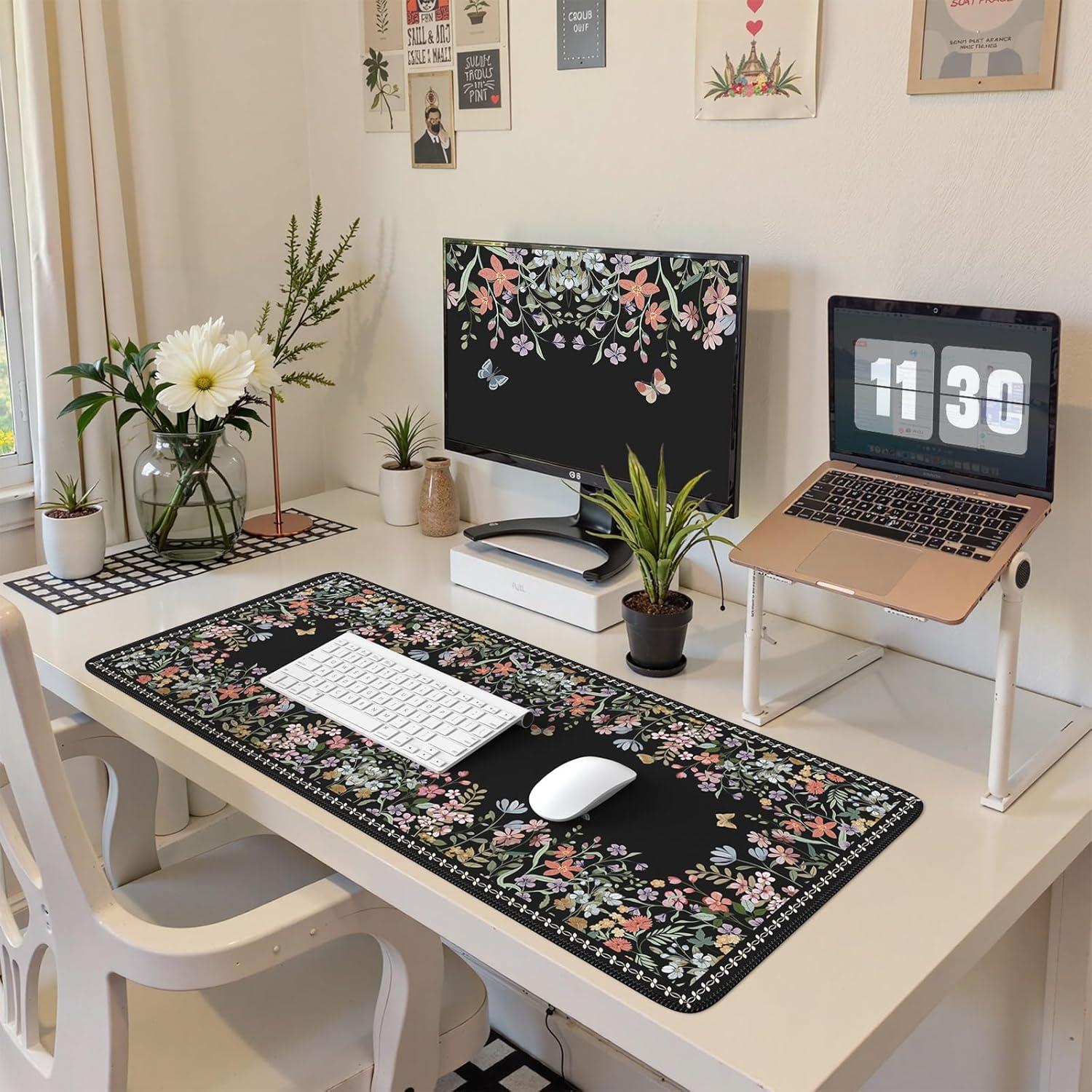 Alfombrilla de Escritorio HAOCOO Floral XXL 90x40cm Antideslizante