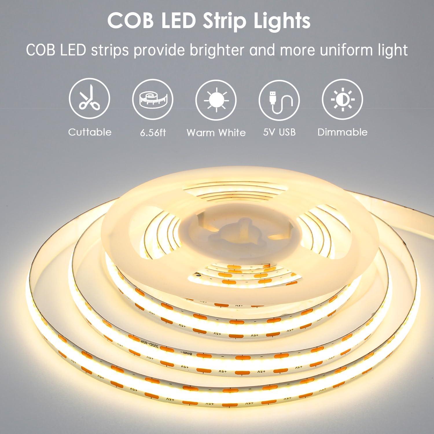 Tira LED COB 2m 5V USB SCQIKJ con Control Remoto Blanco Cálido