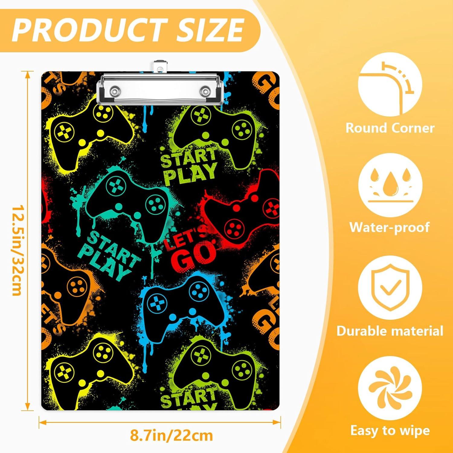 Gaming Game Clipboard, Video Game Controller Decorative Clip Board with Metal Clip Cute Plastic Clipboards A4 Standard Size 8.5" x 12.5" for Nurses, Students, Office