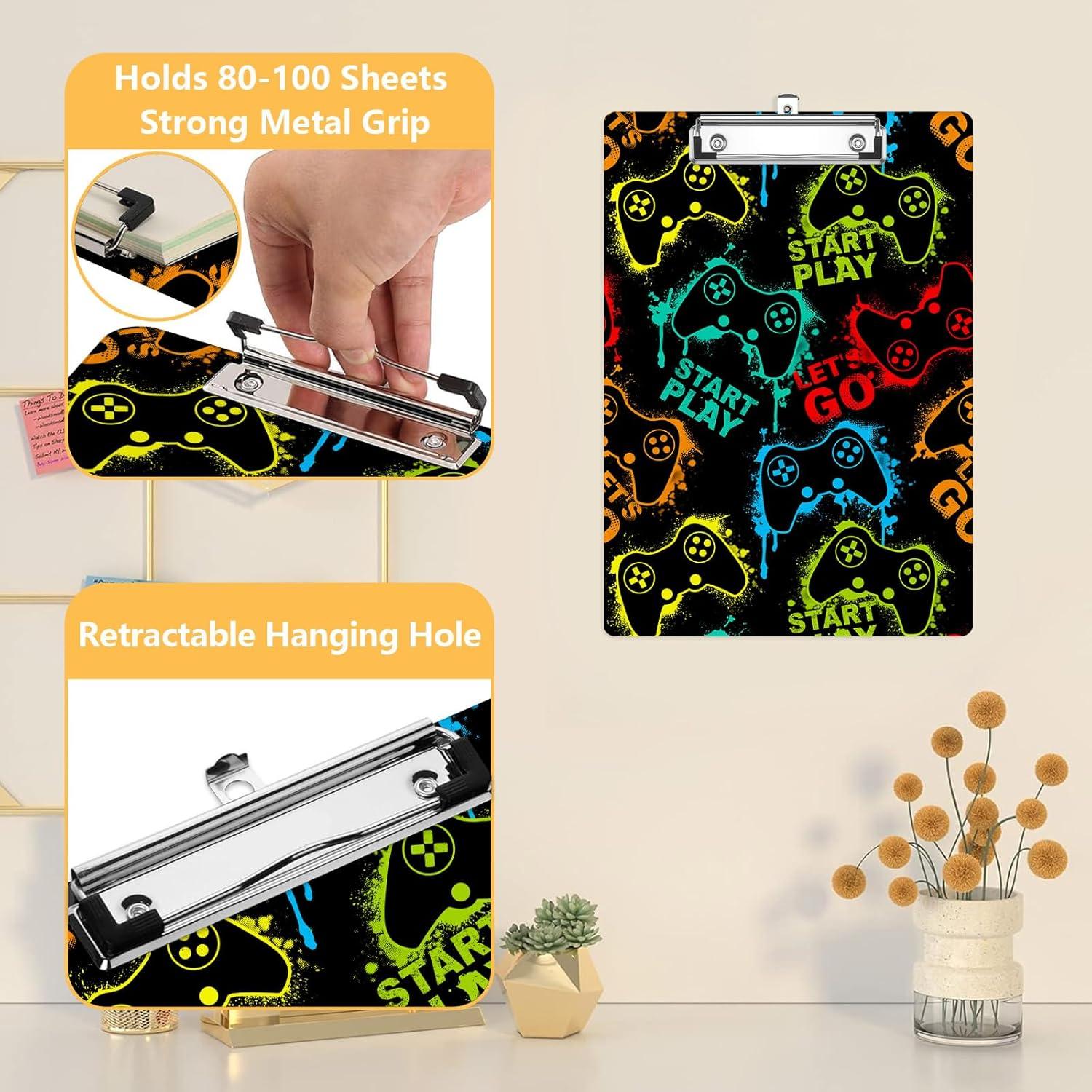 Gaming Game Clipboard, Video Game Controller Decorative Clip Board with Metal Clip Cute Plastic Clipboards A4 Standard Size 8.5" x 12.5" for Nurses, Students, Office