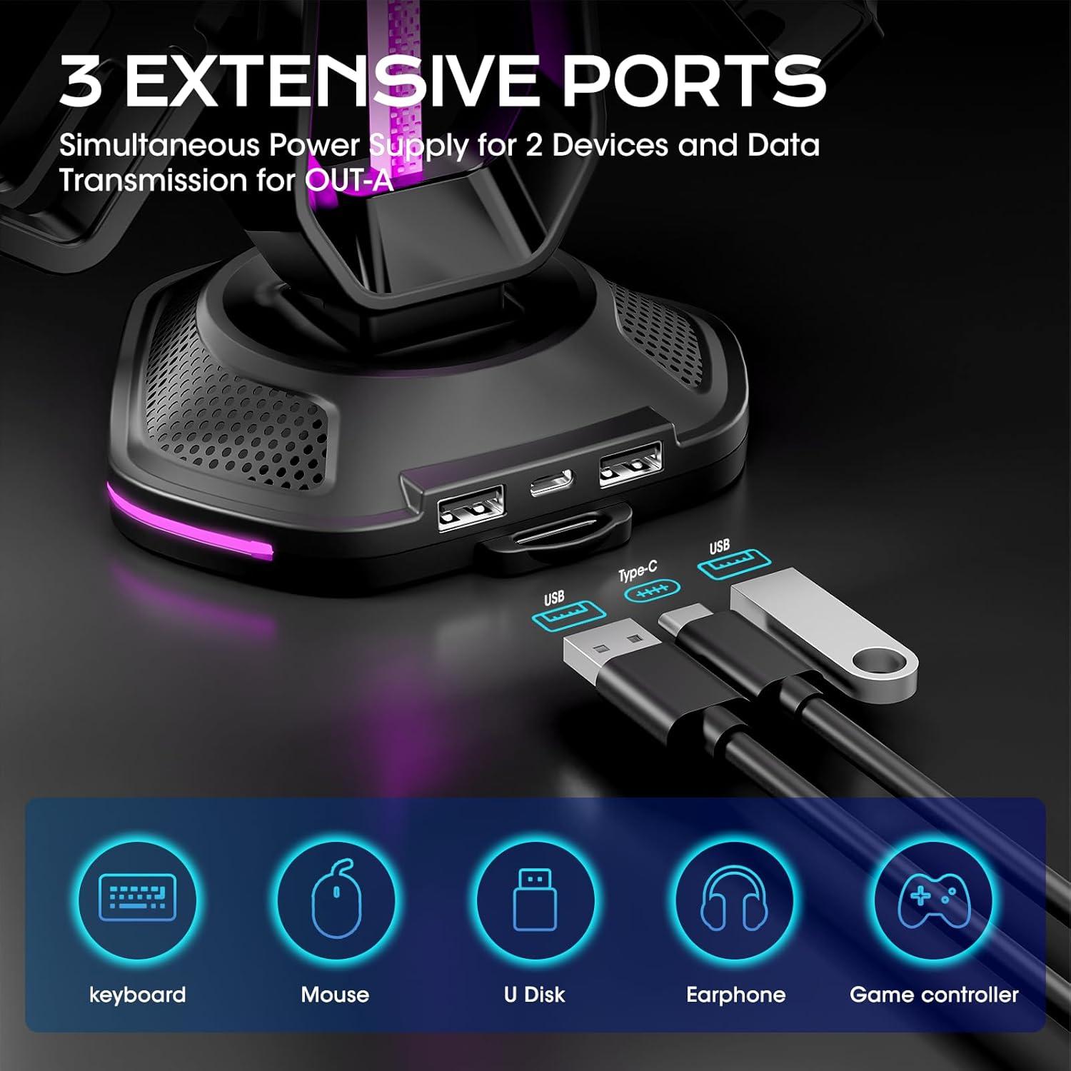 Soporte para Auriculares y Controladores RGB Saitake DZ510 con 2 USB