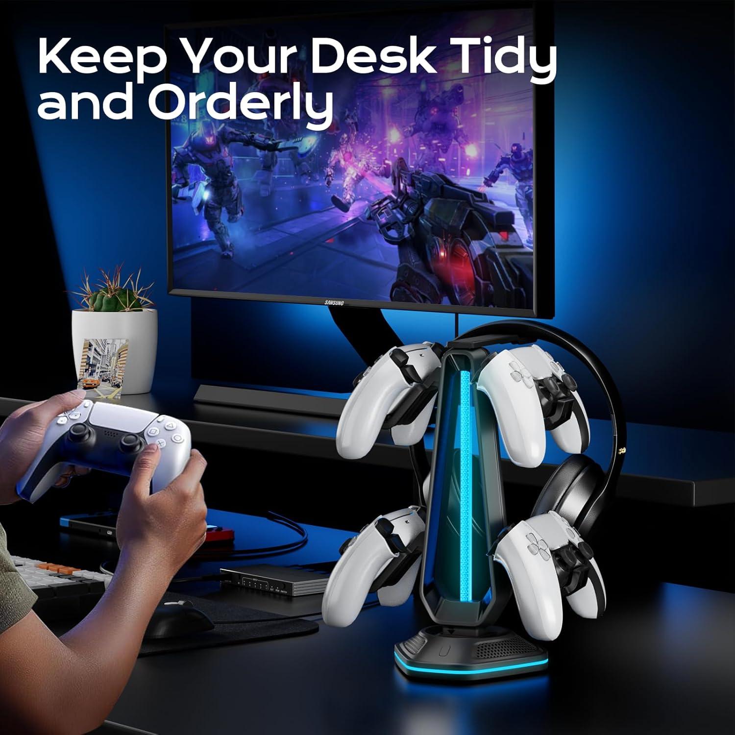 Soporte para Auriculares y Controladores RGB Saitake DZ510 con 2 USB