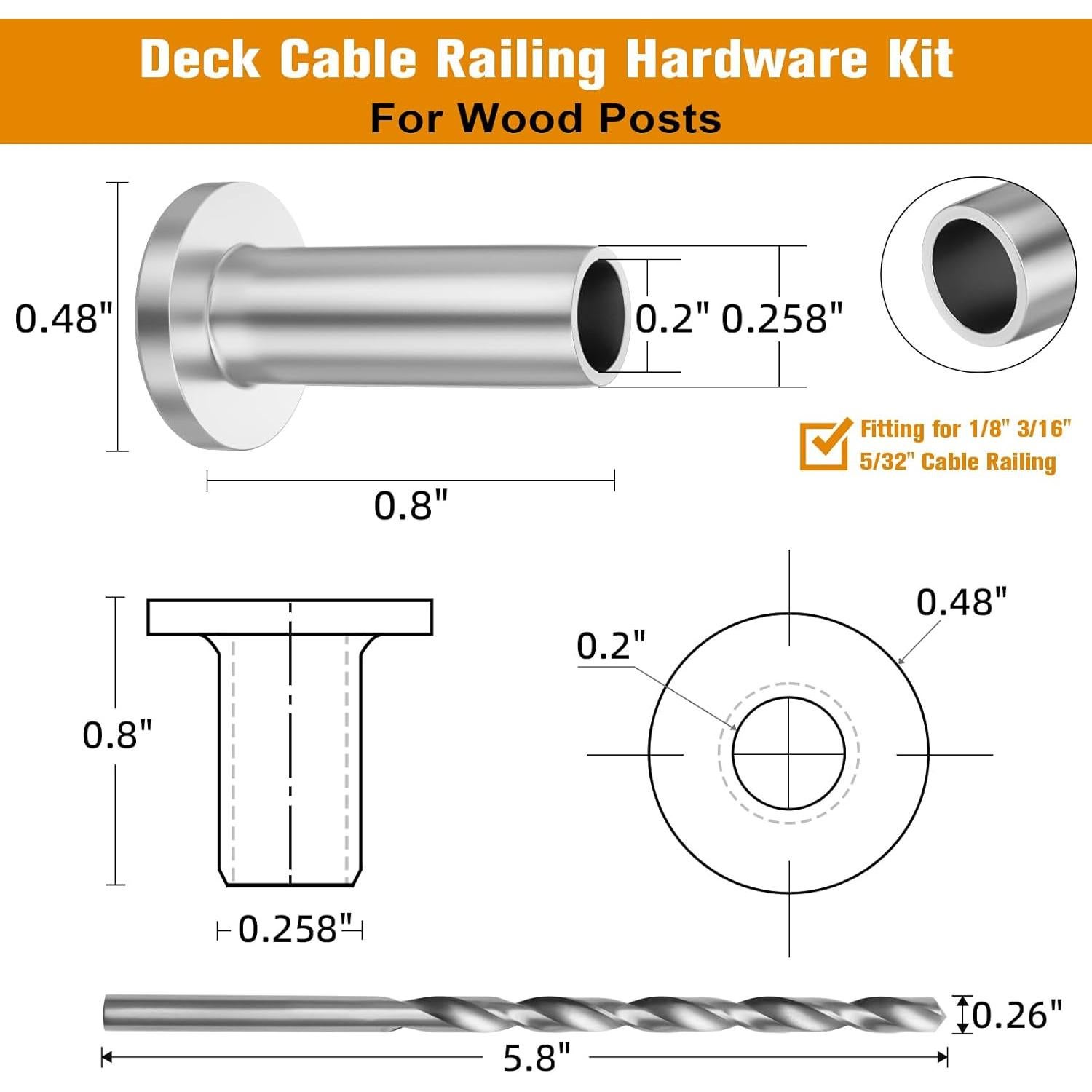 Mangas Protectores de Acero Inoxidable CELYND - 50 Unidades para Barandillas de Cable 1/8" (3.2 mm) y 3/16" (4.8 mm)