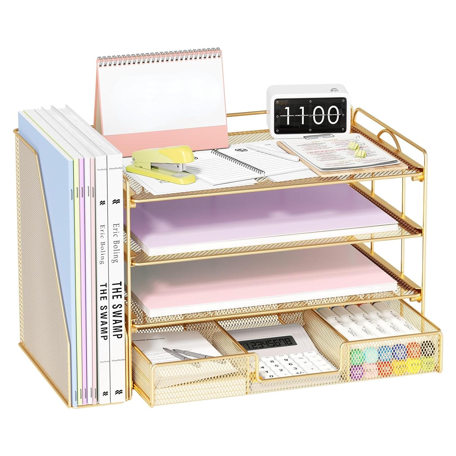 Organizador de Escritorio OPNICE Dorado con Bandejas y Cajón