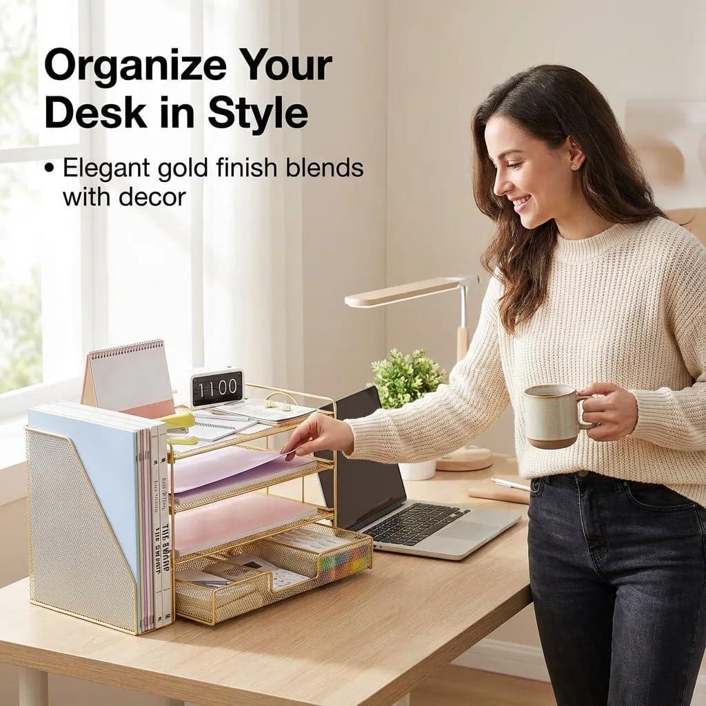 Organizador de Escritorio OPNICE Dorado con Bandejas y Cajón