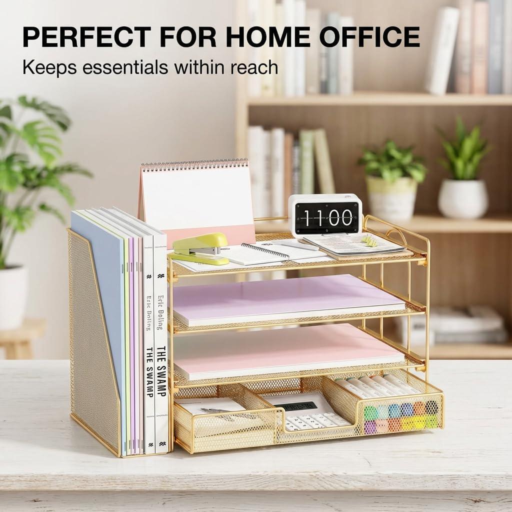 Organizador de Escritorio OPNICE Dorado con Bandejas y Cajón