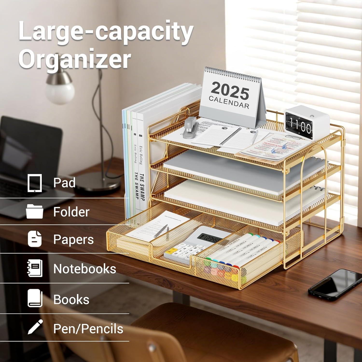 Organizador de Escritorio OPNICE Dorado con Bandejas y Cajón