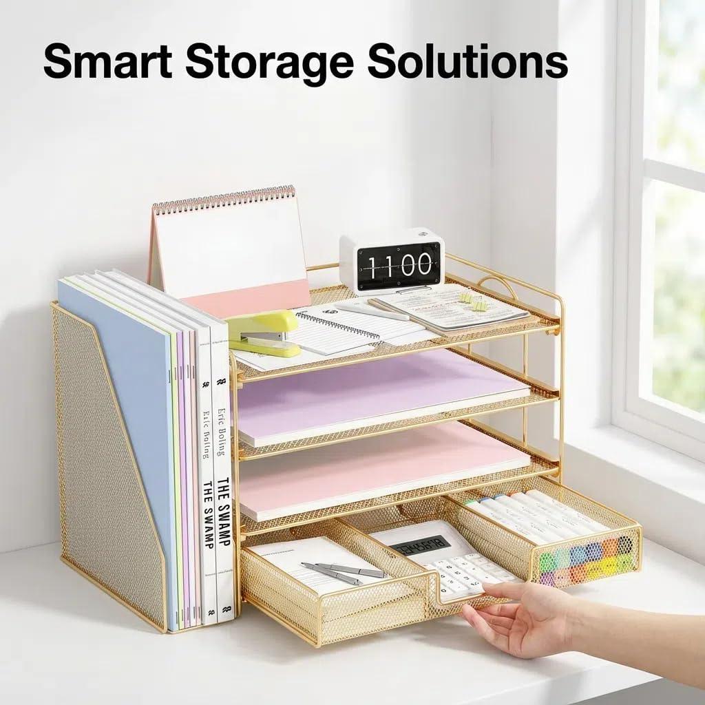 Organizador de Escritorio OPNICE Dorado con Bandejas y Cajón