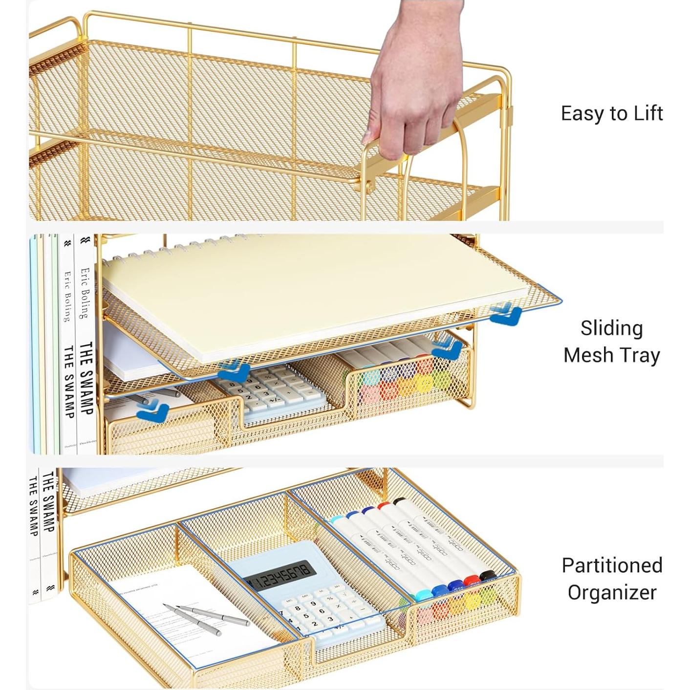 Organizador de Escritorio OPNICE Dorado con Bandejas y Cajón