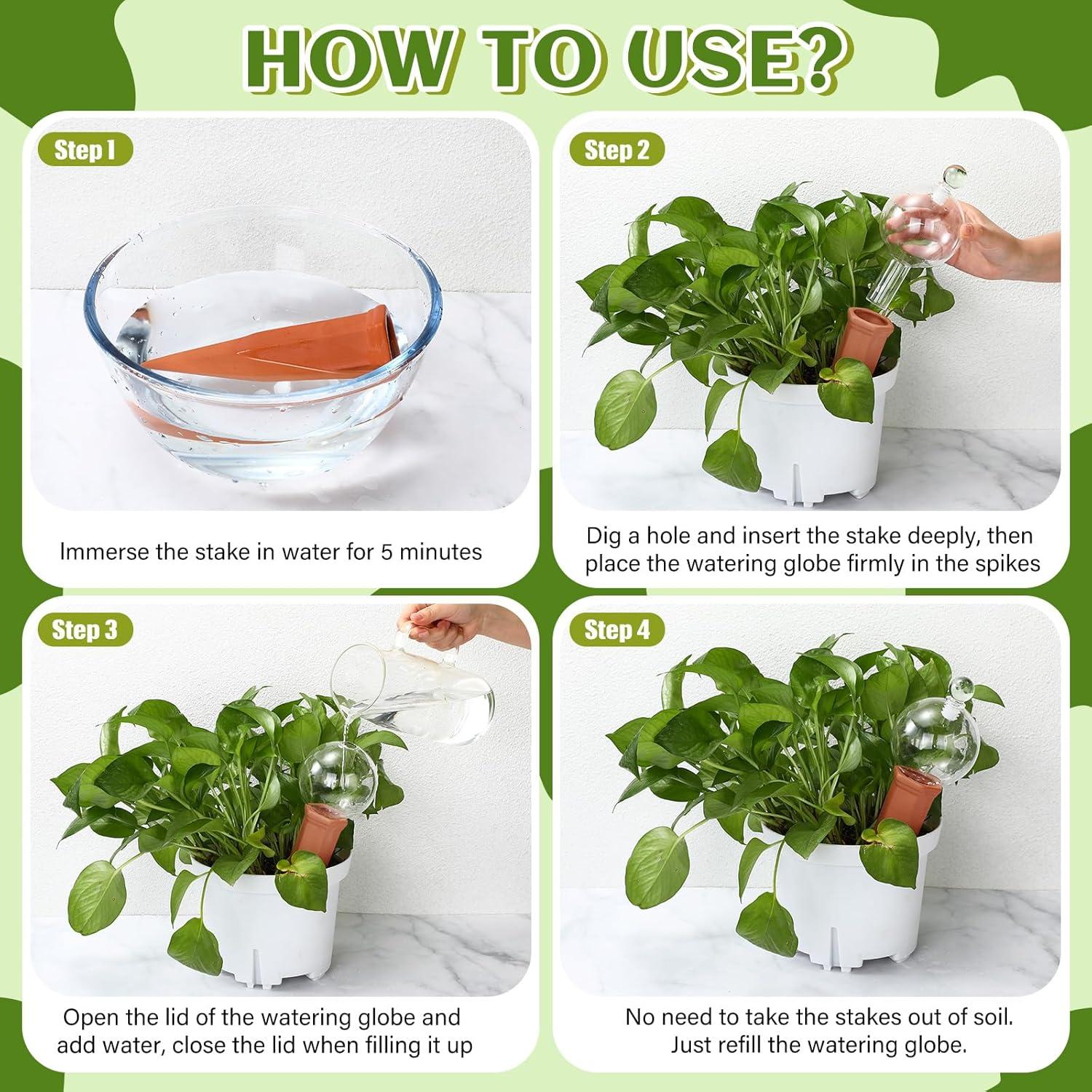 3 Esferas de Riego de Vidrio y Picos de Terracota para Plantas