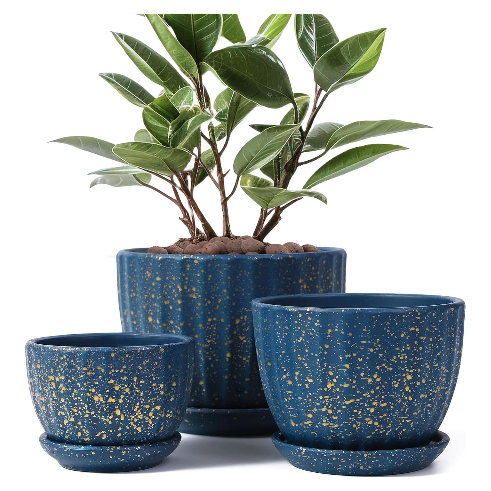 Juego de 3 Macetas de Cerámica STHIE Redondas Azules 9-14 cm