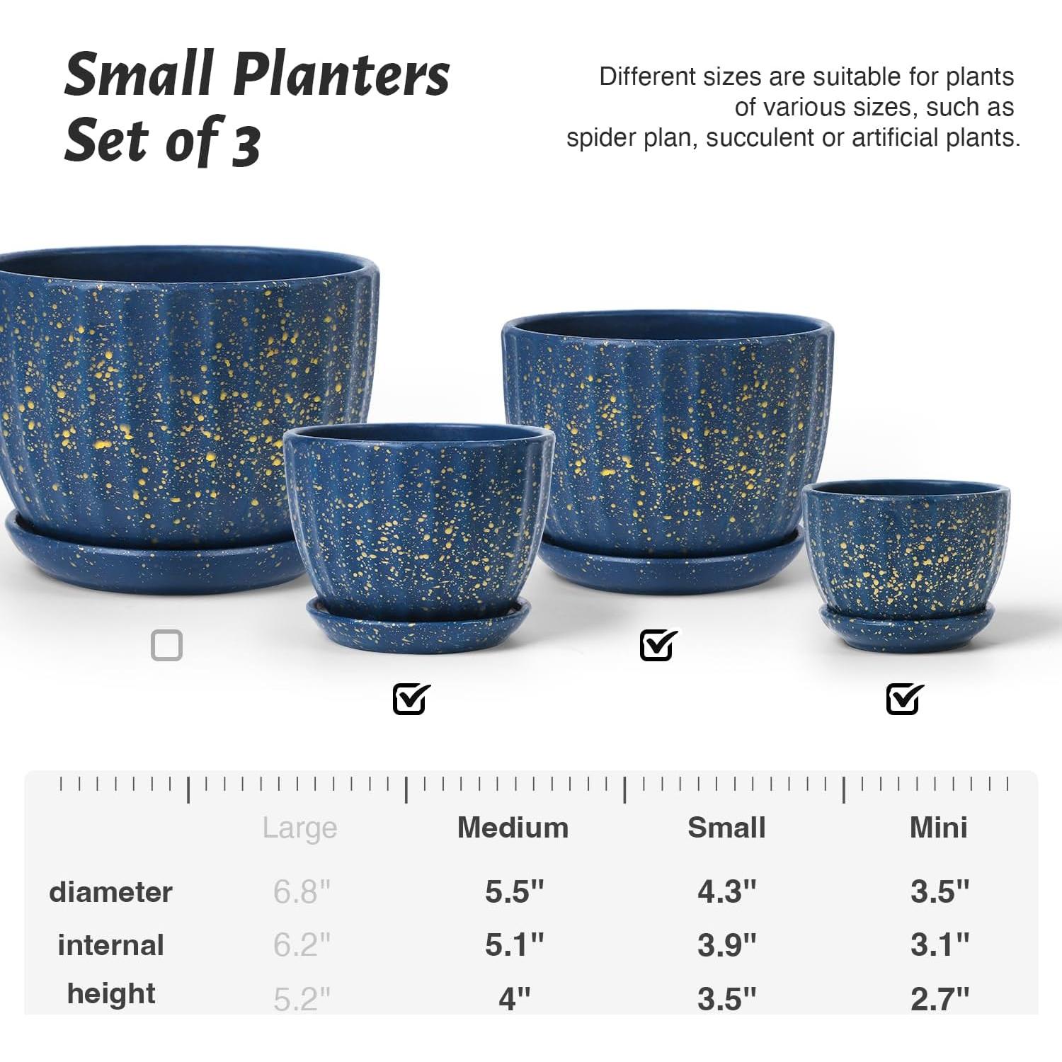 Juego de 3 Macetas de Cerámica STHIE Redondas Azules 9-14 cm