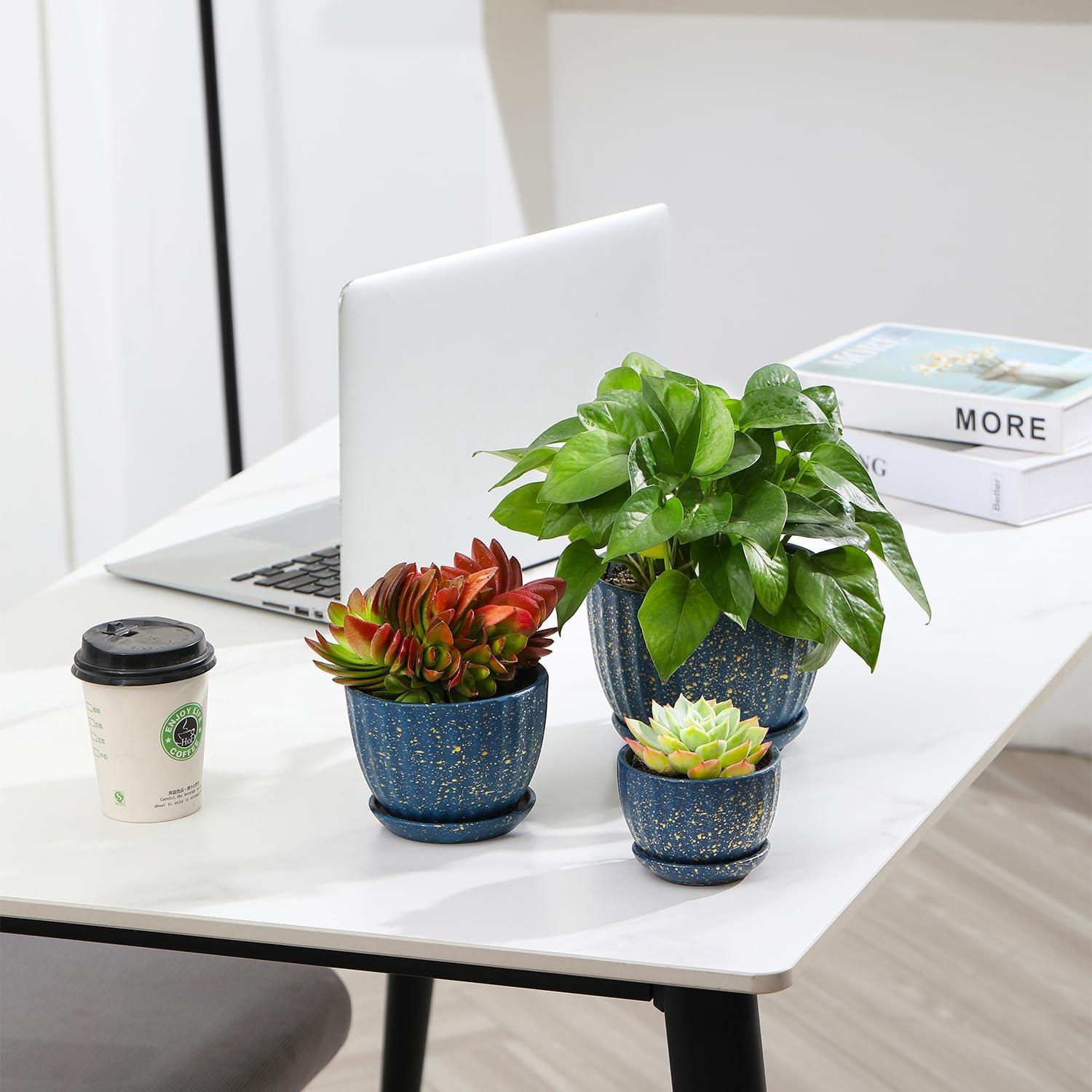 Juego de 3 Macetas de Cerámica STHIE Redondas Azules 9-14 cm