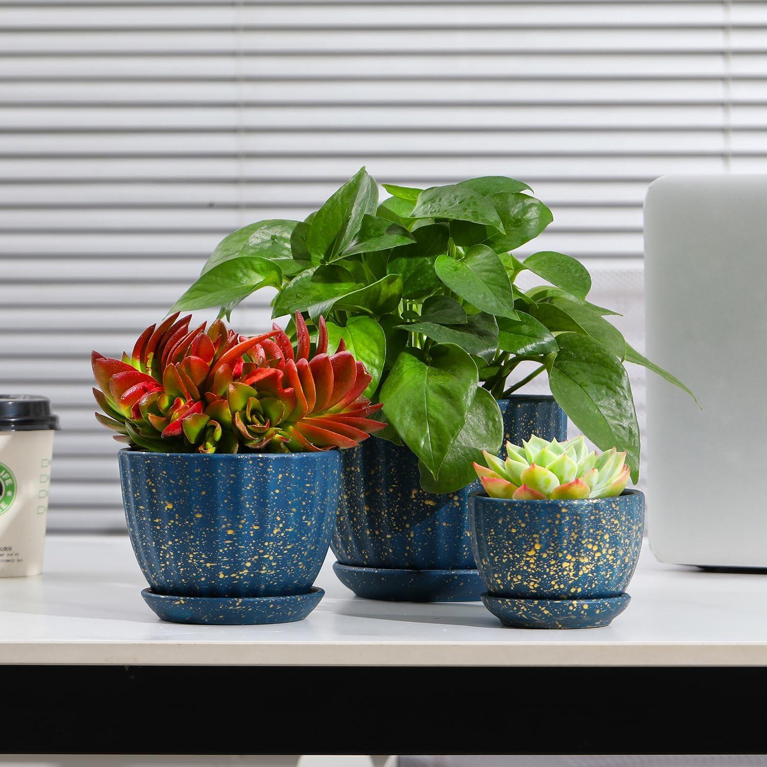 Juego de 3 Macetas de Cerámica STHIE Redondas Azules 9-14 cm