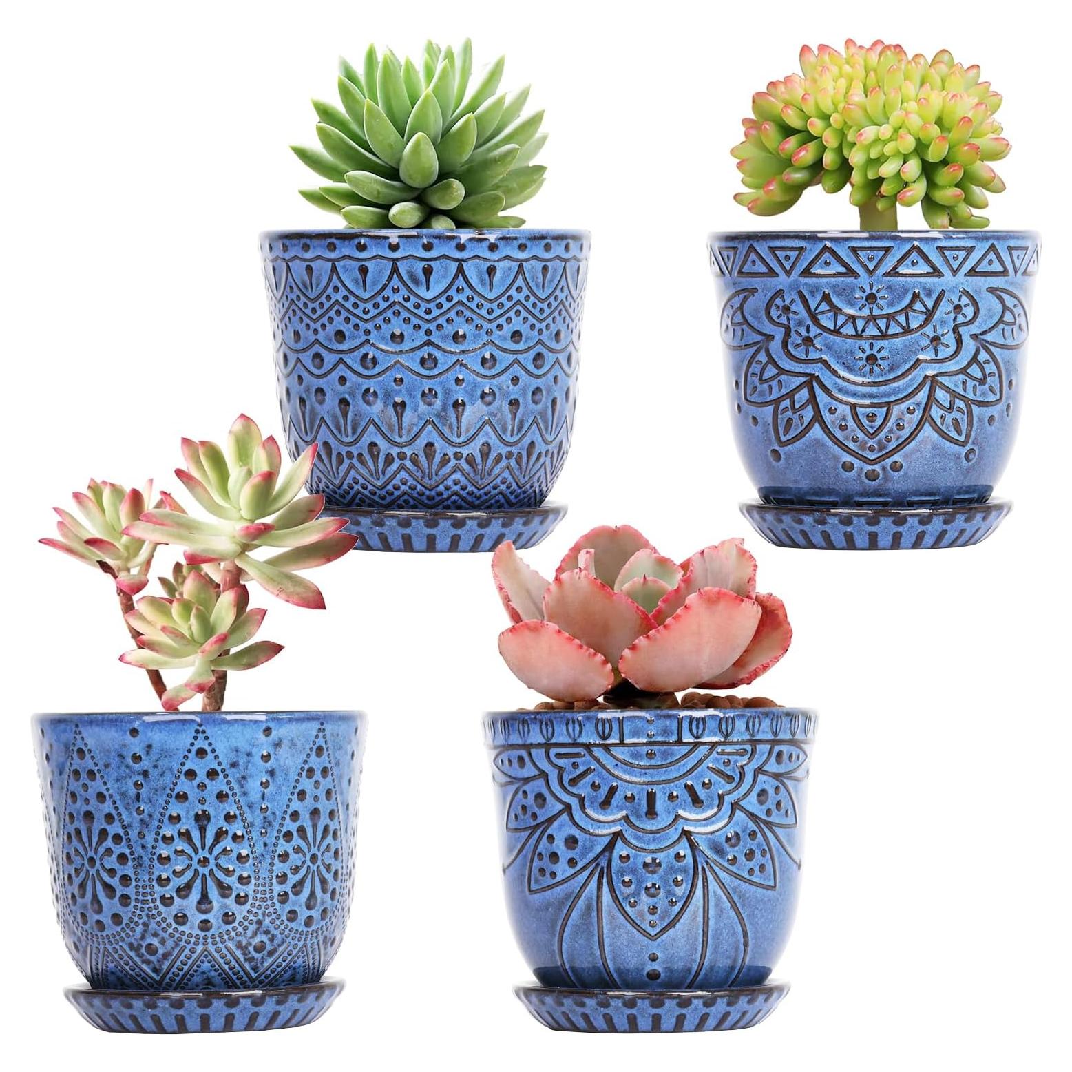 Macetas Suculentas Gepege - Juego de 4 Cerámicas 10 cm Azul