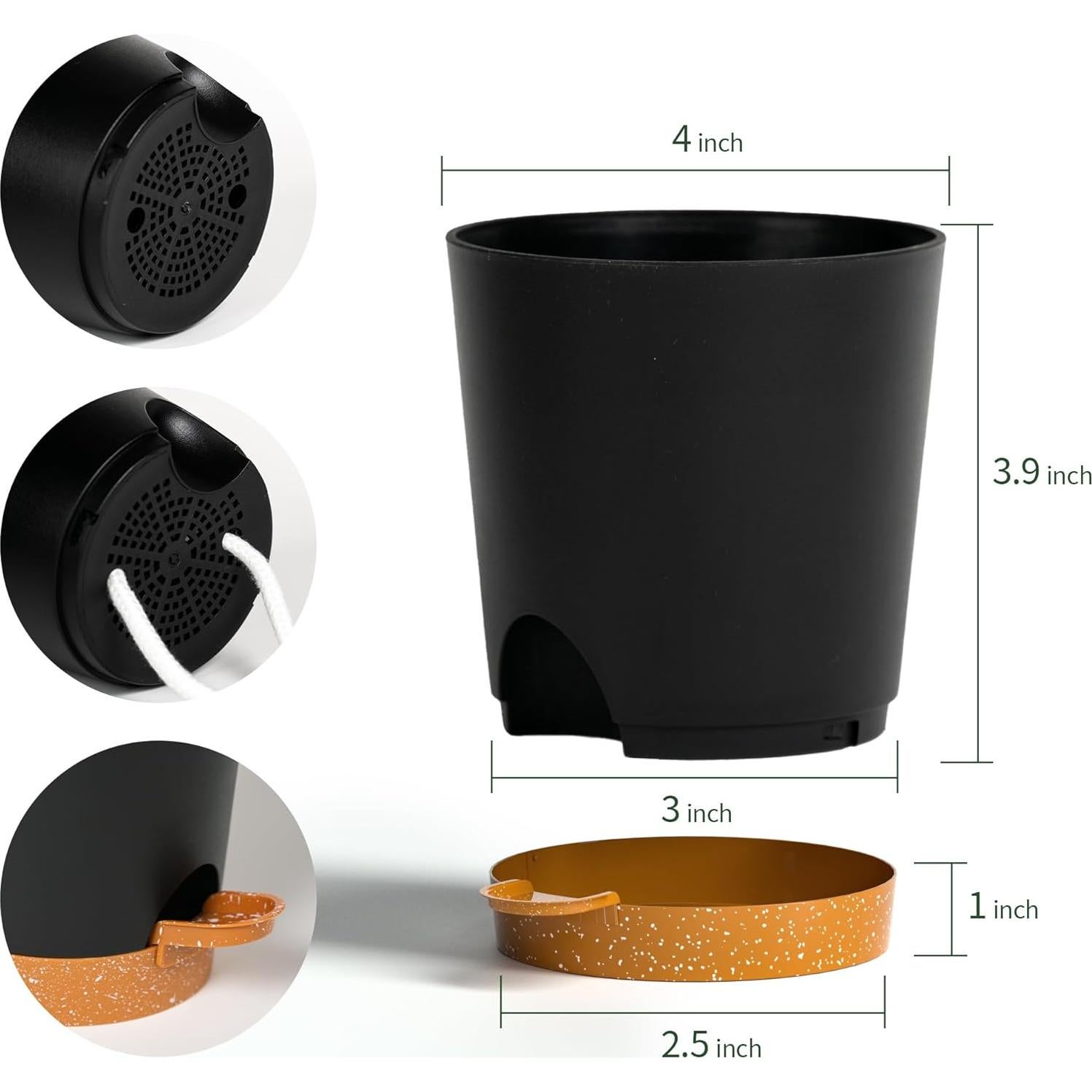Macetas autorriego 10 cm Lotyeter, paquete de 5, negras