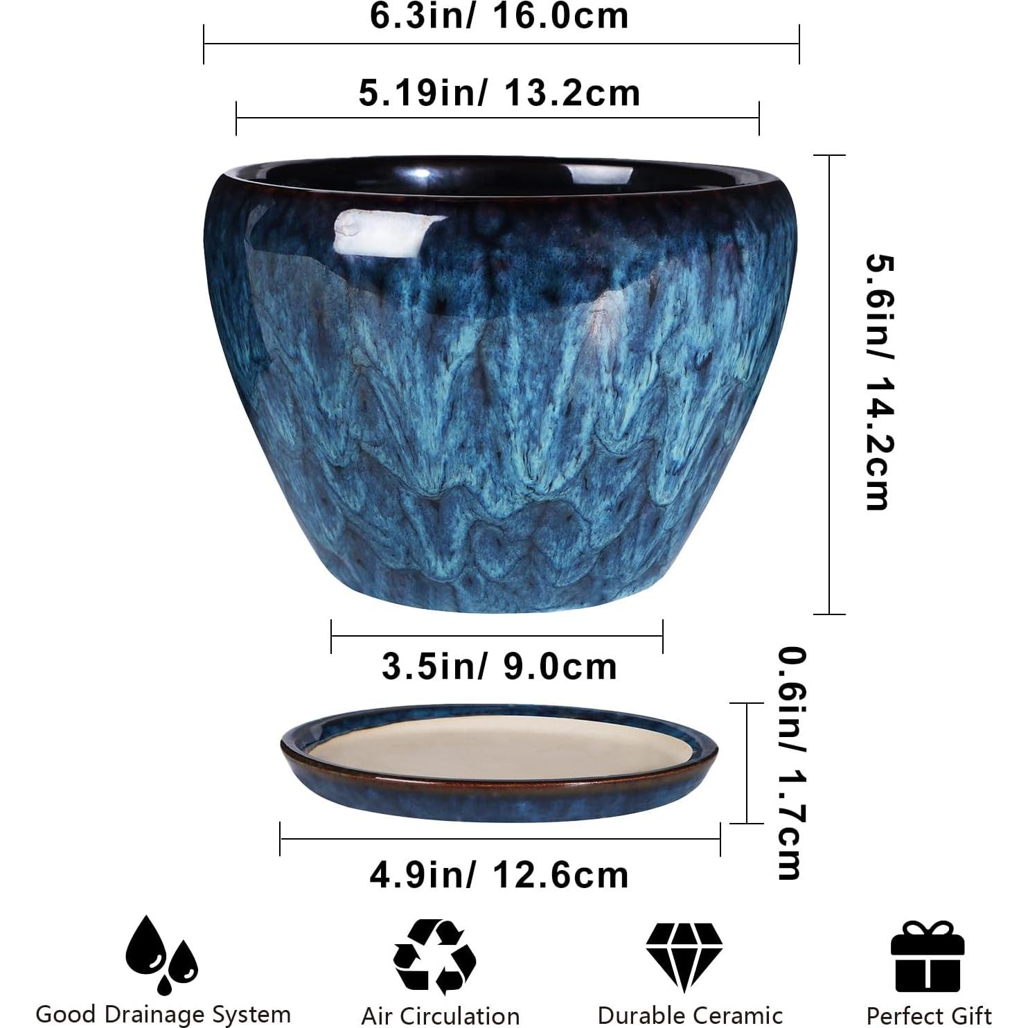 Maceta de Cerámica Azul 15 cm con Drenaje y Plato Ceramicfor