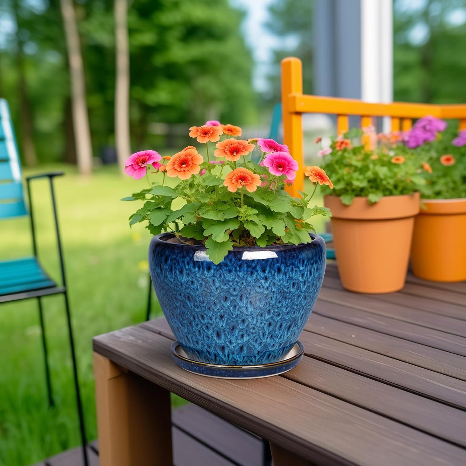 Maceta de Cerámica Azul 15 cm con Drenaje y Plato Ceramicfor