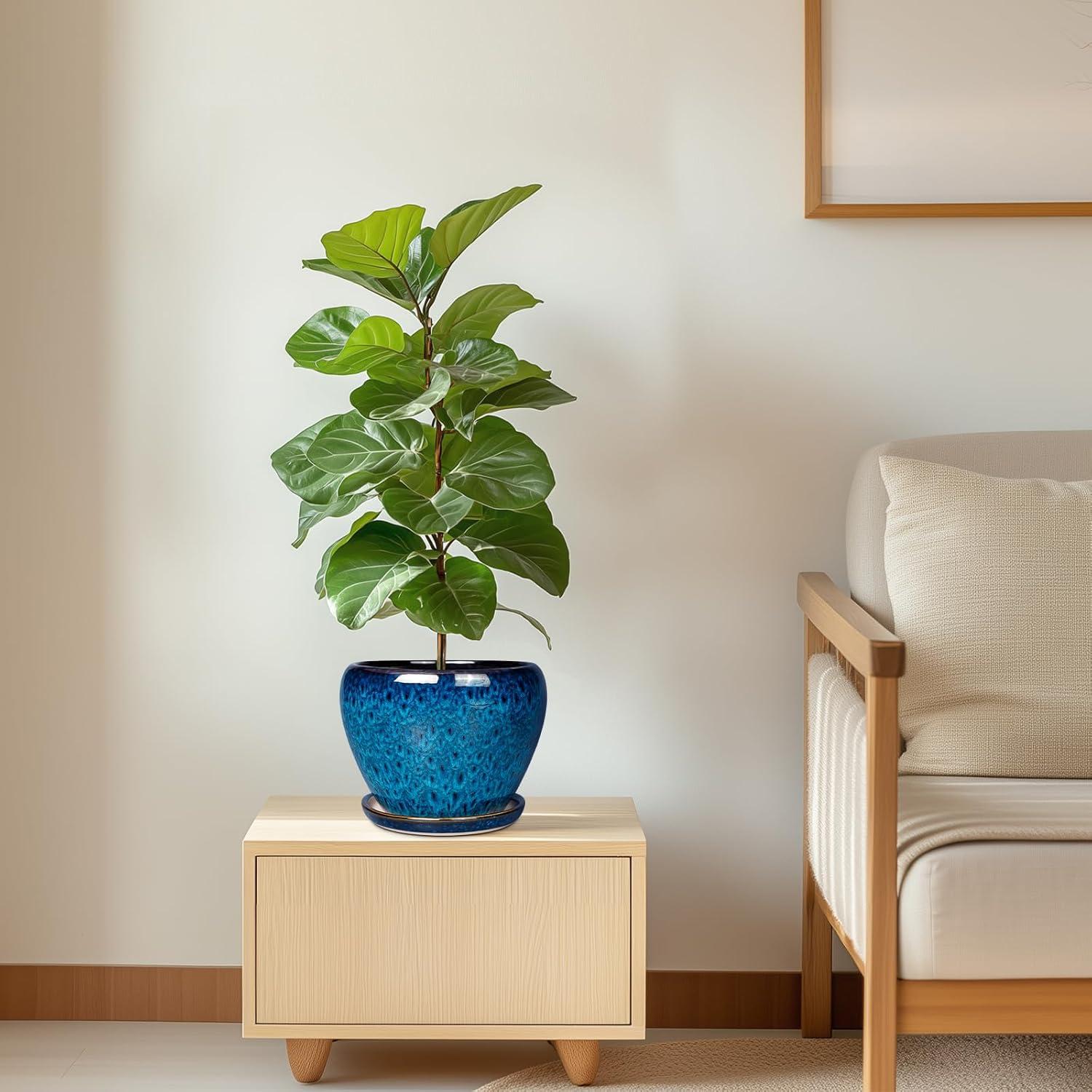 Maceta de Cerámica Azul 15 cm con Drenaje y Plato Ceramicfor