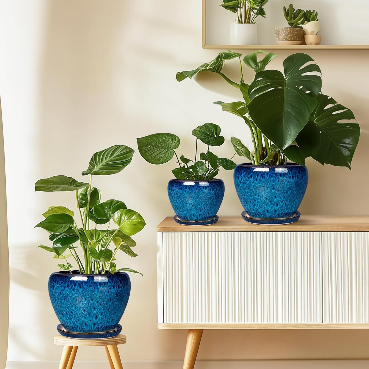 Maceta de Cerámica Azul 15 cm con Drenaje y Plato Ceramicfor