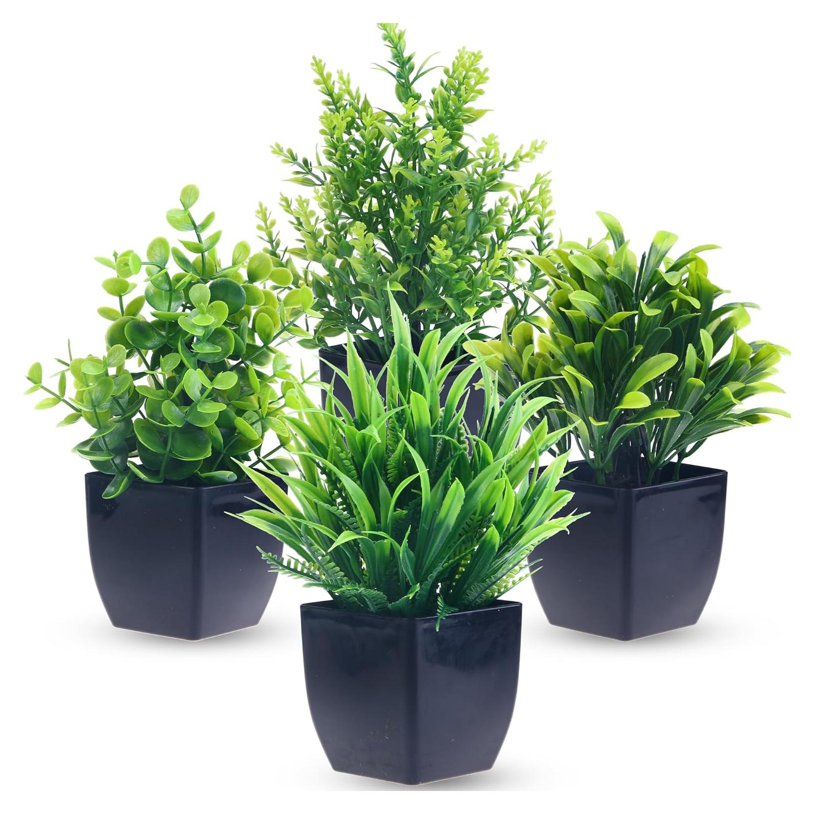 4 Mini Plantas Artificiales en Maceta Negra GREENTIME 18.3cm