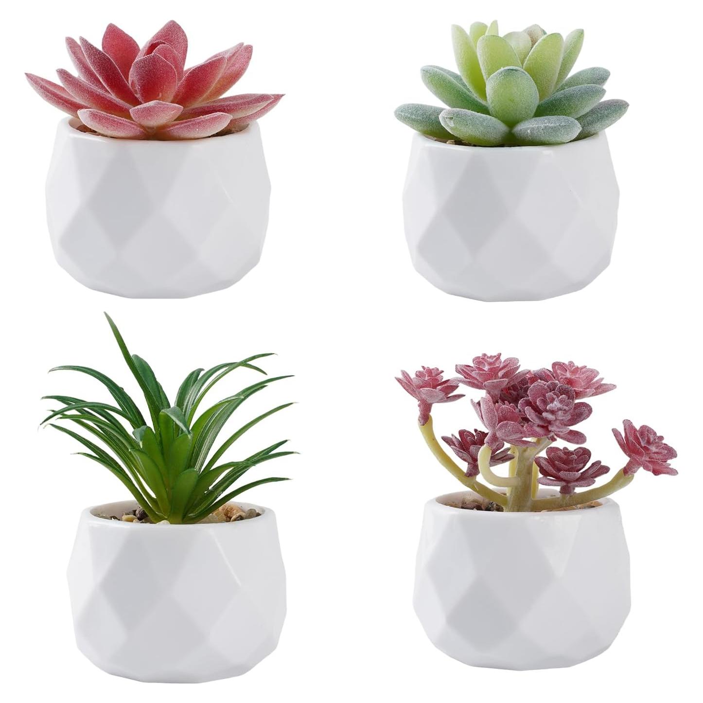 Juego de 4 Suculentas Artificiales YRYUNRUI en Macetas Blancas
