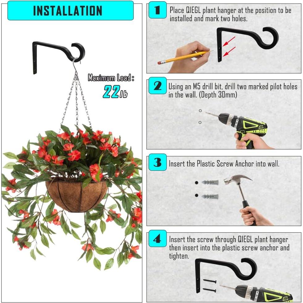 Soporte de Planta Colgante QIEGL 15cm Metal Negro 2 Piezas