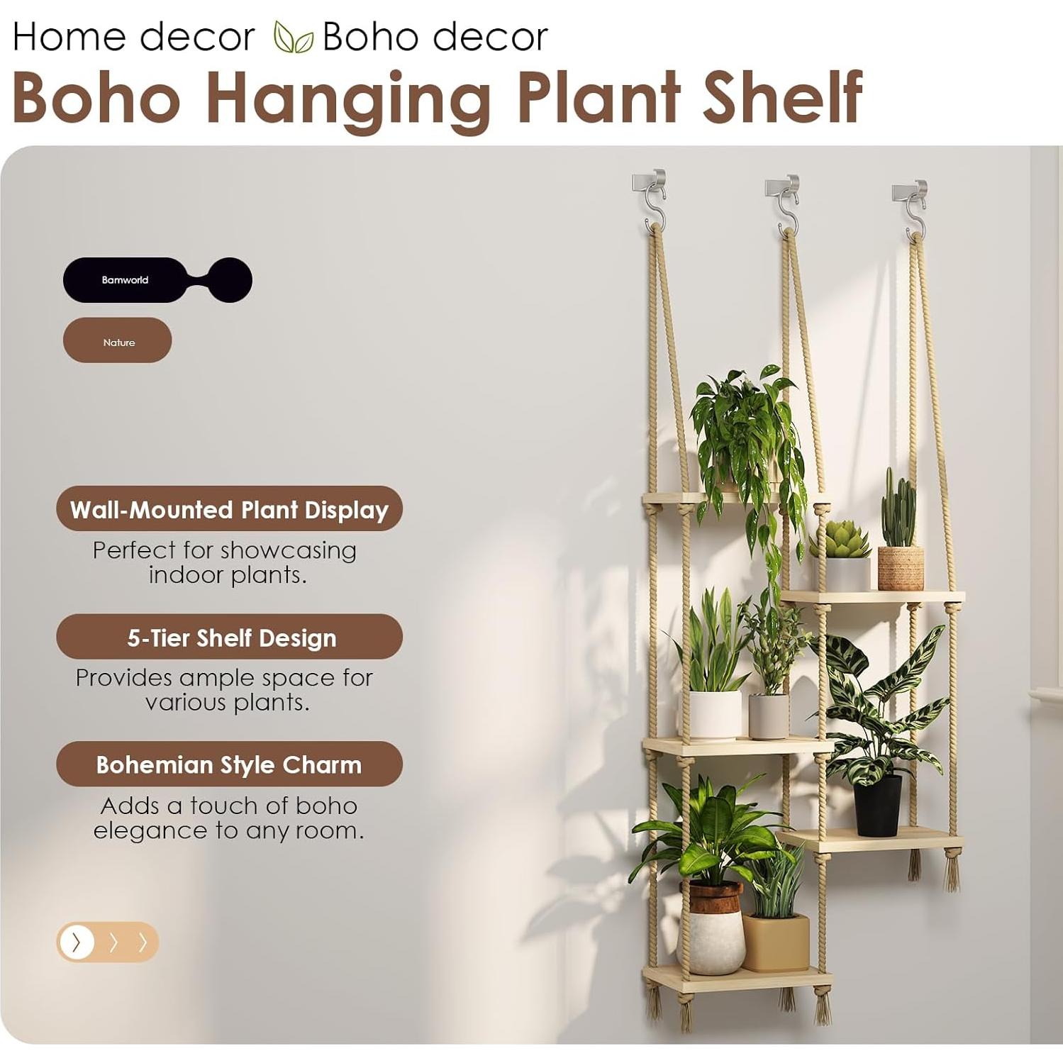 Estante Colgante para Plantas Bamworld 5 Estantes Boho Madera