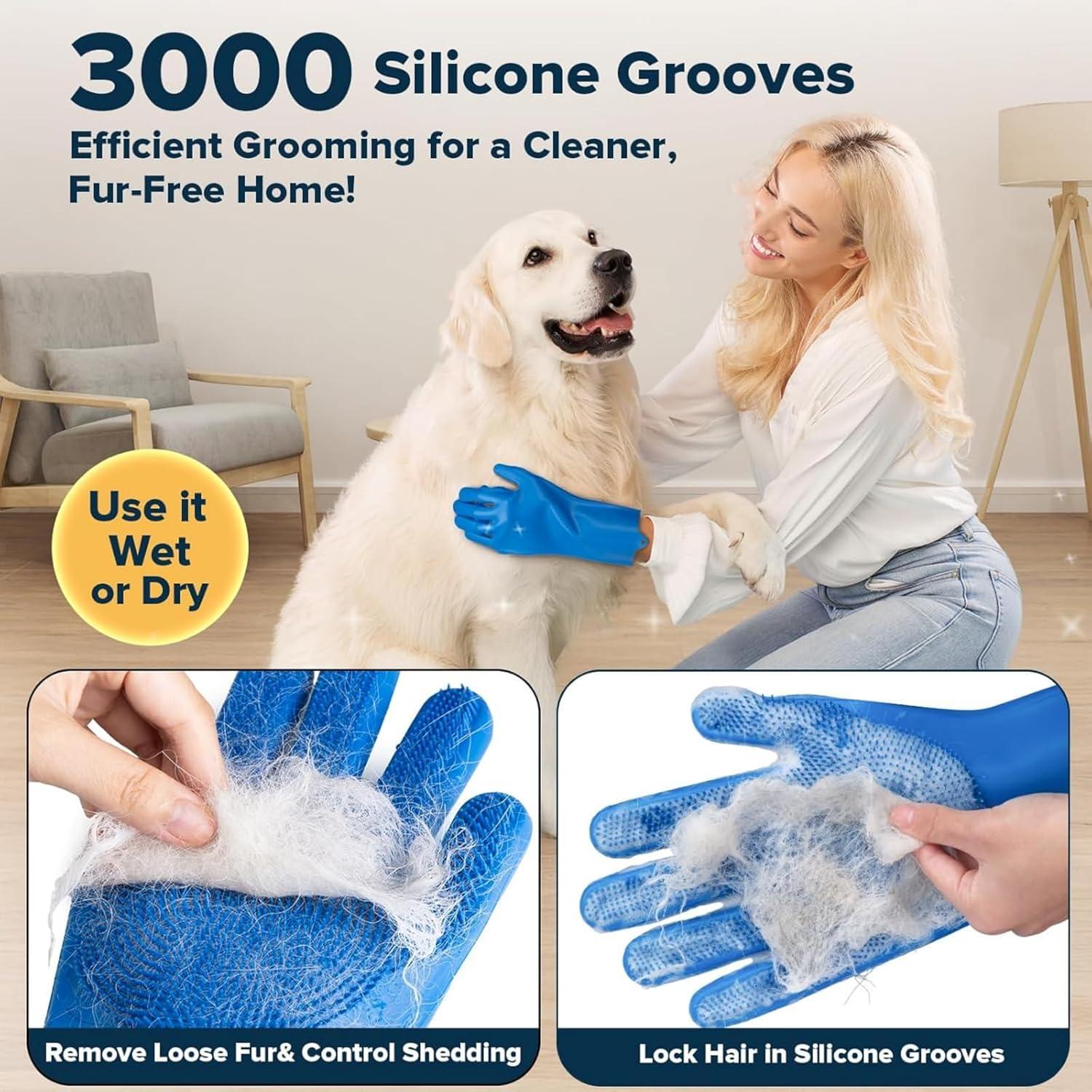 Dog Bathing Gloves & Pet Grooming Gloves - 6-Piece Set with Dog Bath Brush for Cat Bathing Supplies, Veterinarian-Recommended, Ergonomic & Gentle Cleaning (Blue)