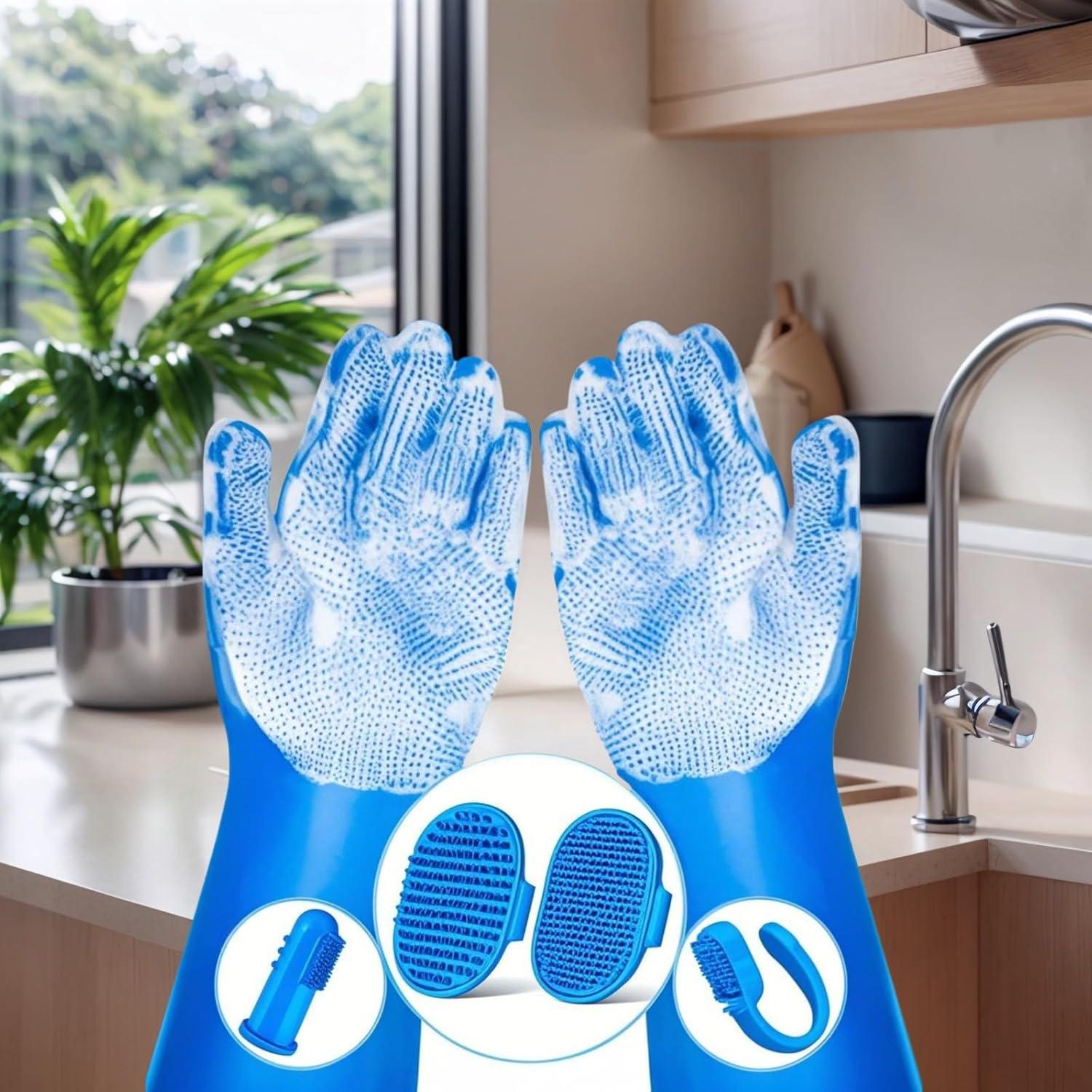 Dog Bathing Gloves & Pet Grooming Gloves - 6-Piece Set with Dog Bath Brush for Cat Bathing Supplies, Veterinarian-Recommended, Ergonomic & Gentle Cleaning (Blue)