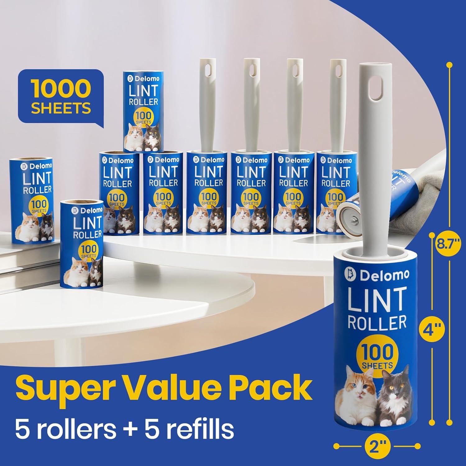 Rodillo Quitapelusas DELOMO 1,000 Hojas Azul - 5 Rodillos + 5 Recargas