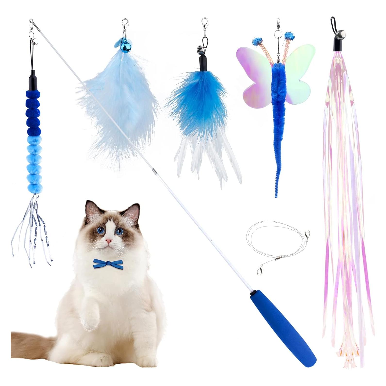 Juguete para Gatos iKOIHO Varita Retráctil con Plumas Azul