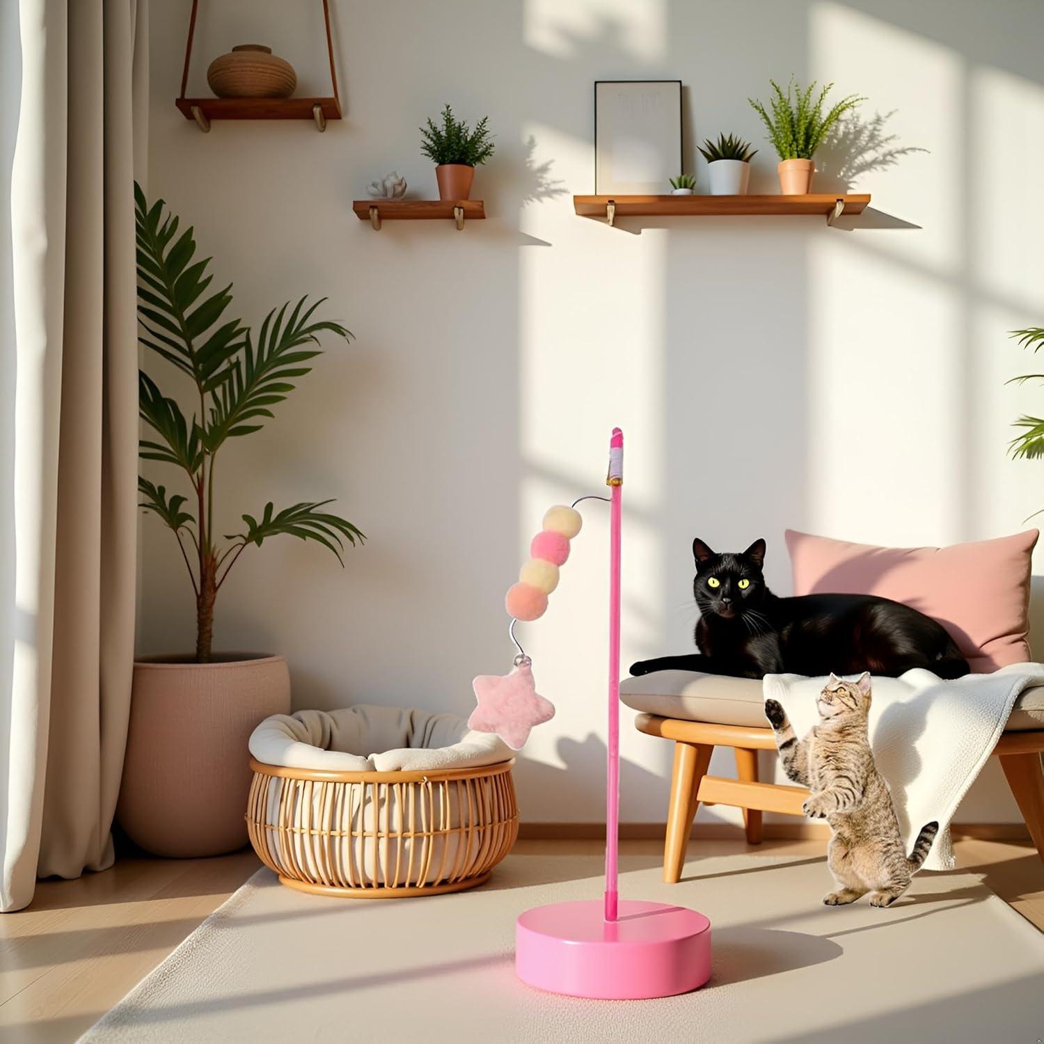 Juguete de palo para gatos Enyolidimk rosa con bola de felpa