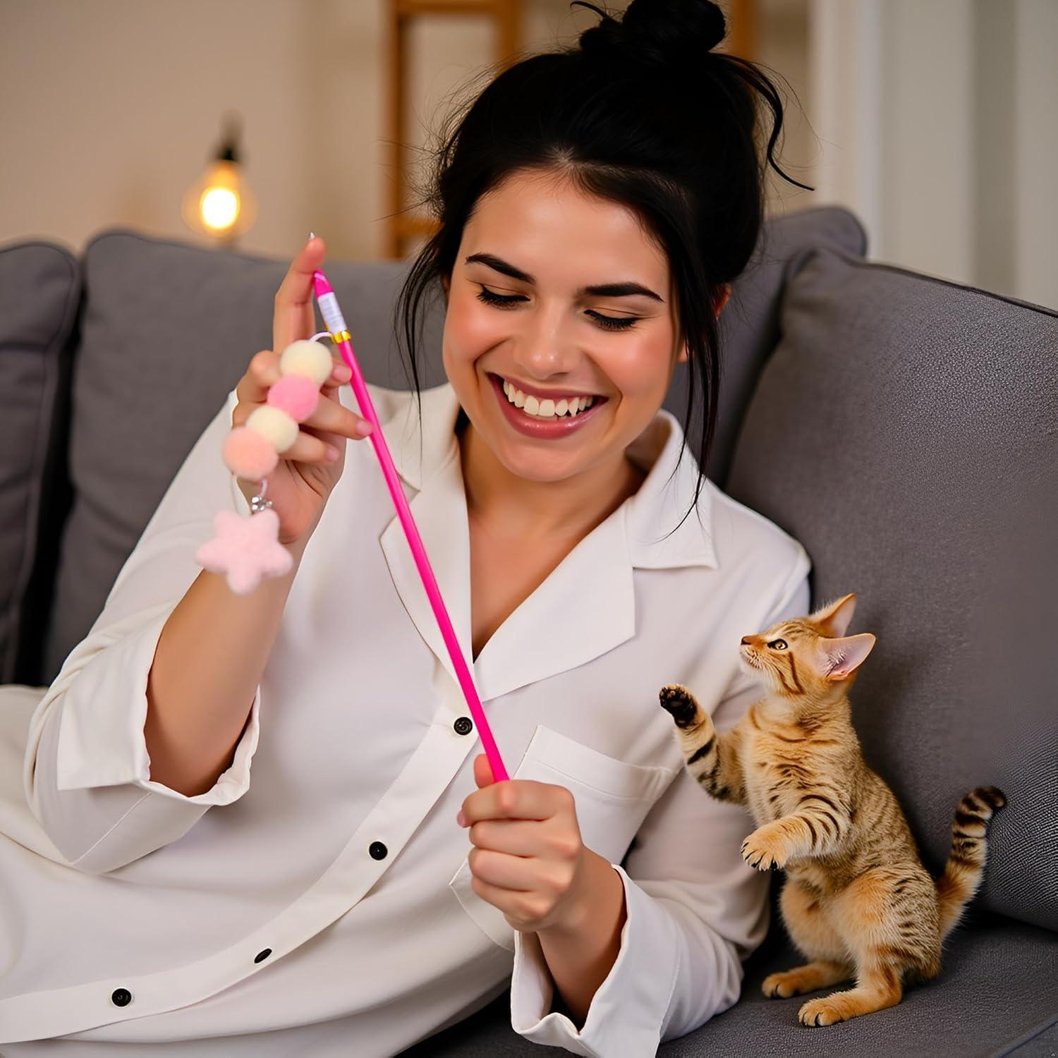 Juguete de palo para gatos Enyolidimk rosa con bola de felpa