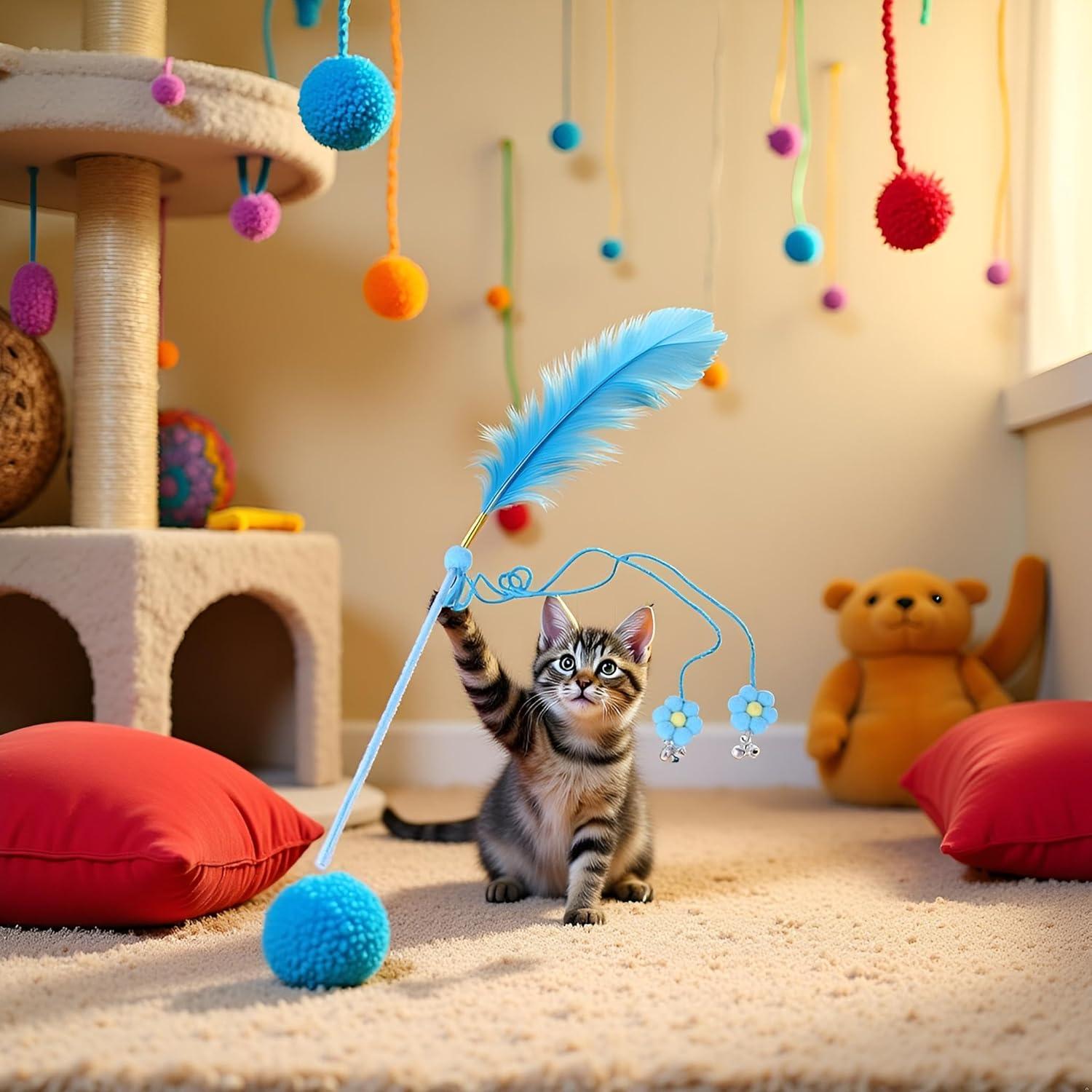 Juguete de Varita con Plumas Tustao para Gatos - Azul