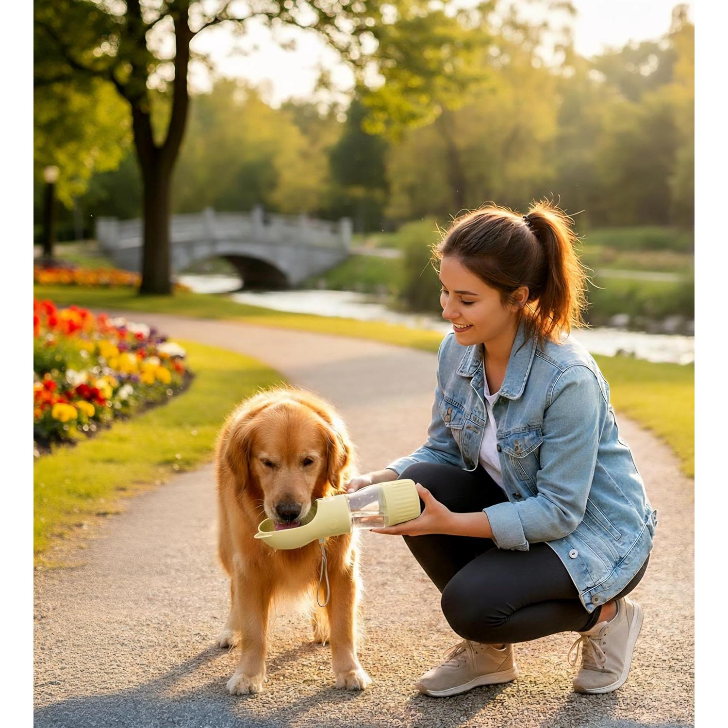 Botella de Agua para Perros 2 en 1 Amarillo - 250ml y 180g