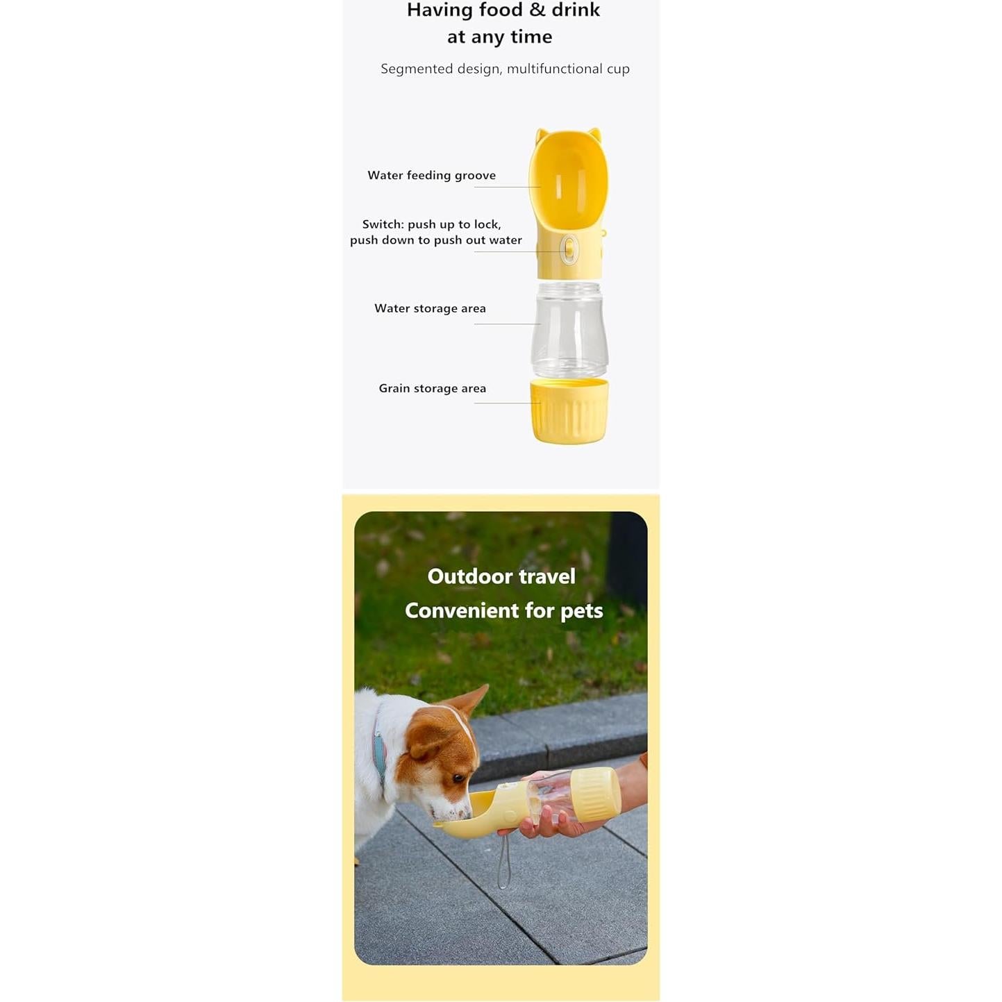 Botella de Agua para Perros 2 en 1 Amarillo - 250ml y 180g