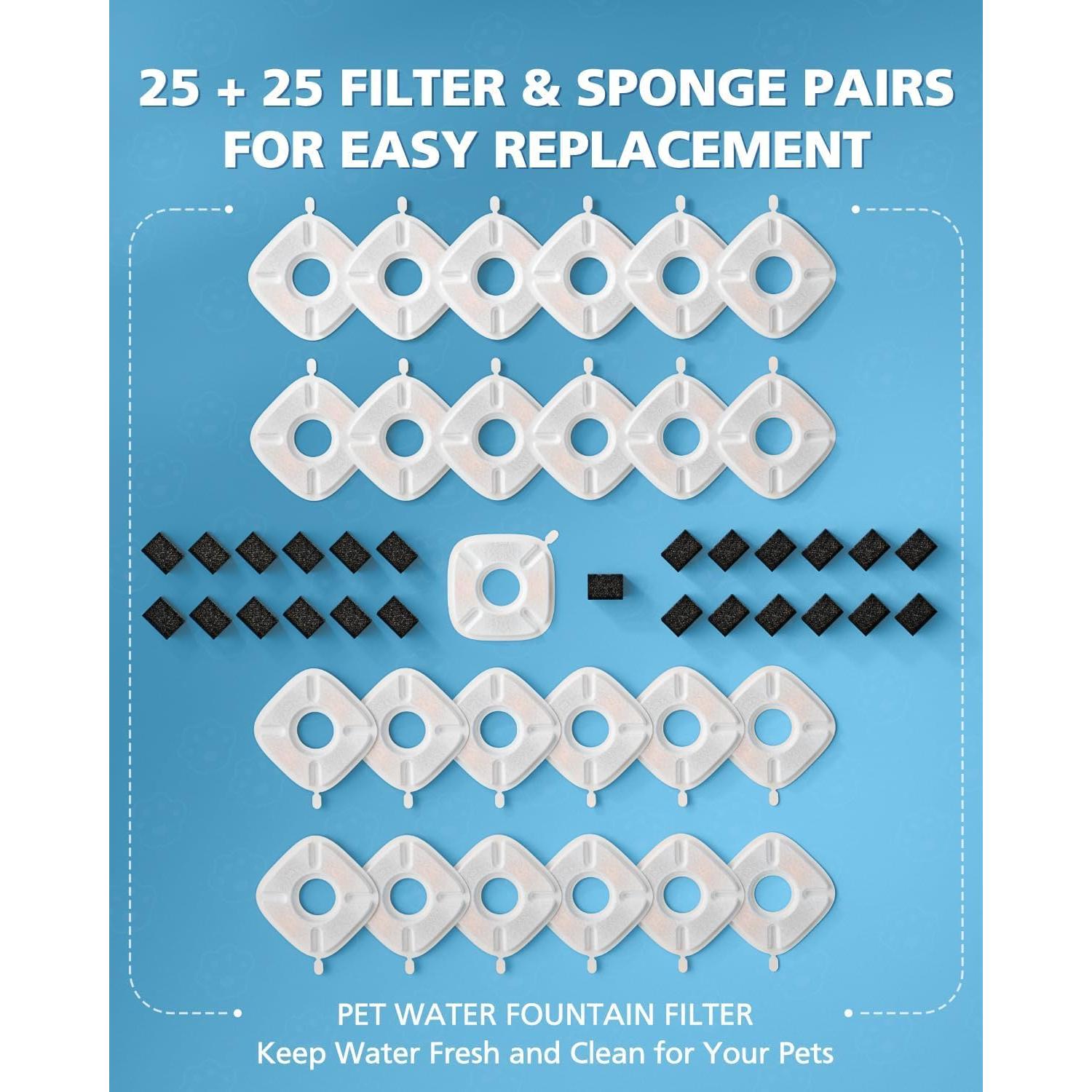 25 Filtros y 25 Esponjas para Fuente de Agua Veken 95oz