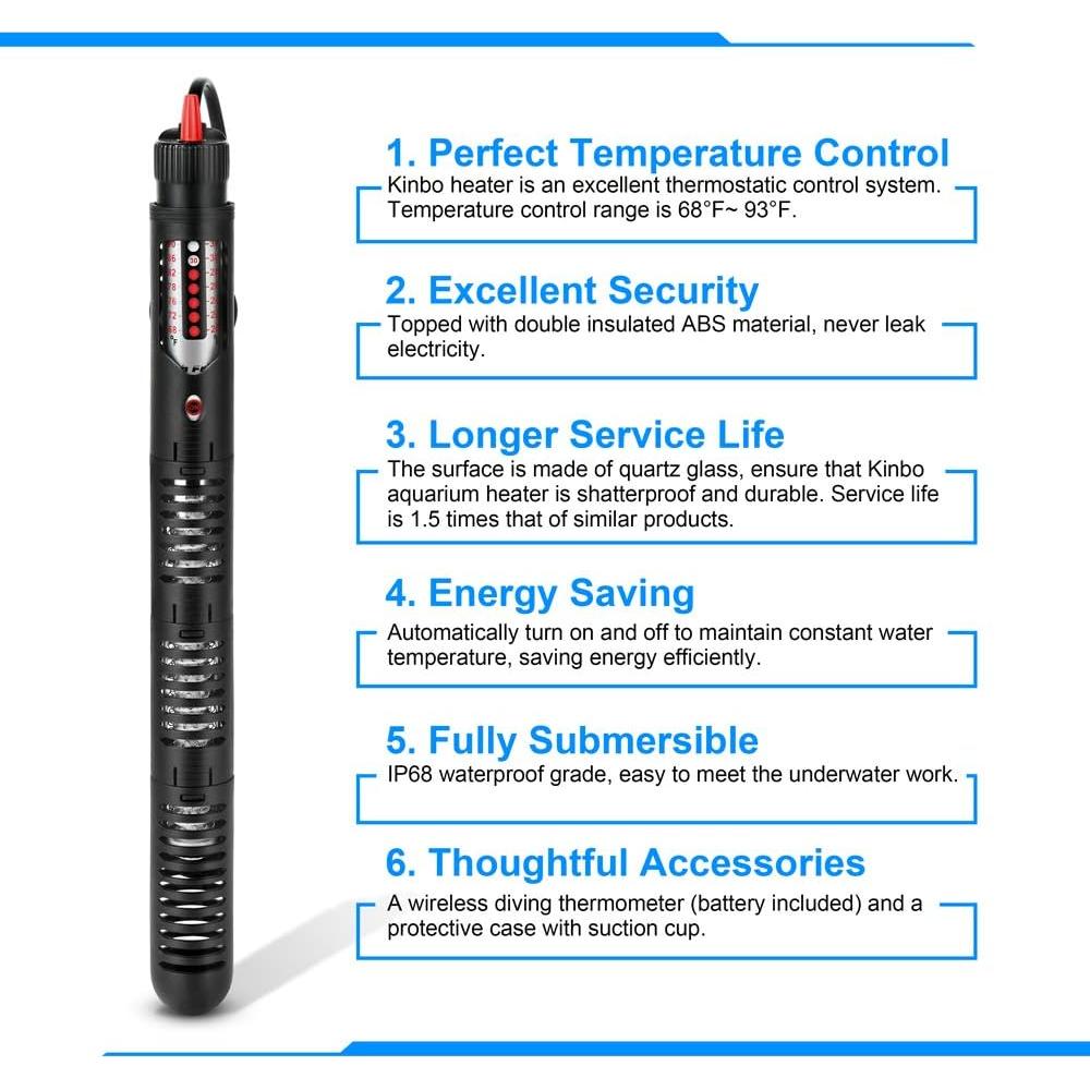 Calentador de Acuario Kinbo 300W con Termómetro y Funda Protectora