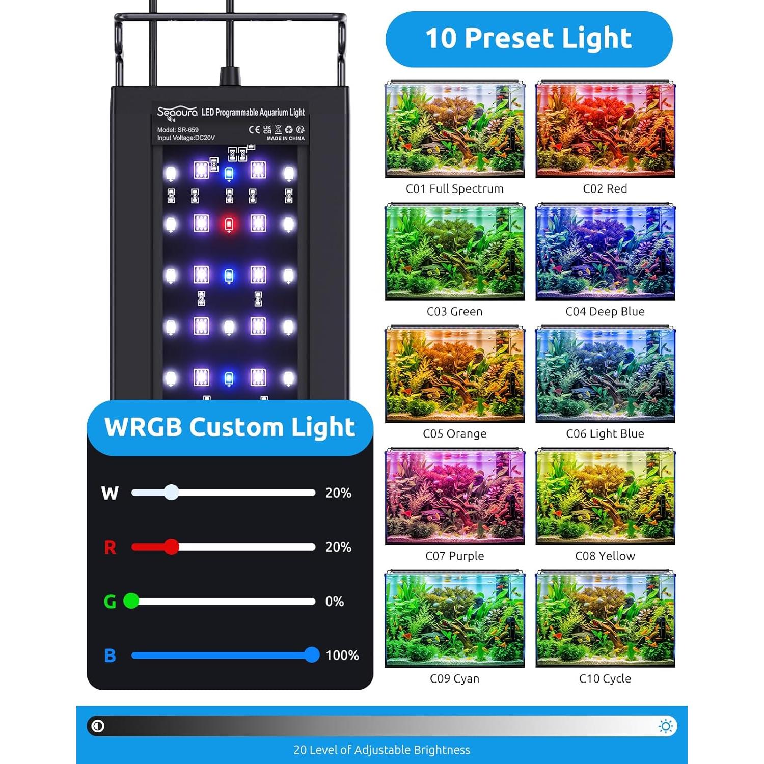 Luz LED para Acuario SEAOURA SR-659, 14W, 30-45cm, Programable