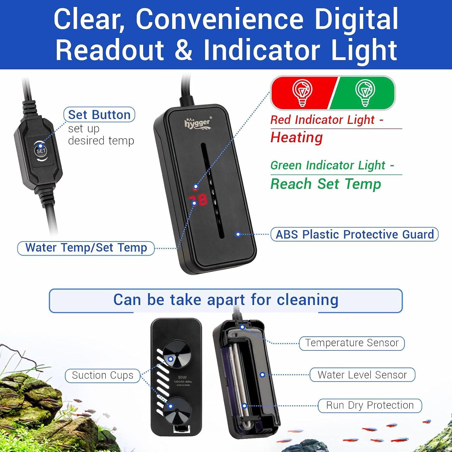Calentador de Acuario Sumergible Hygger 25W para 7.6-19L