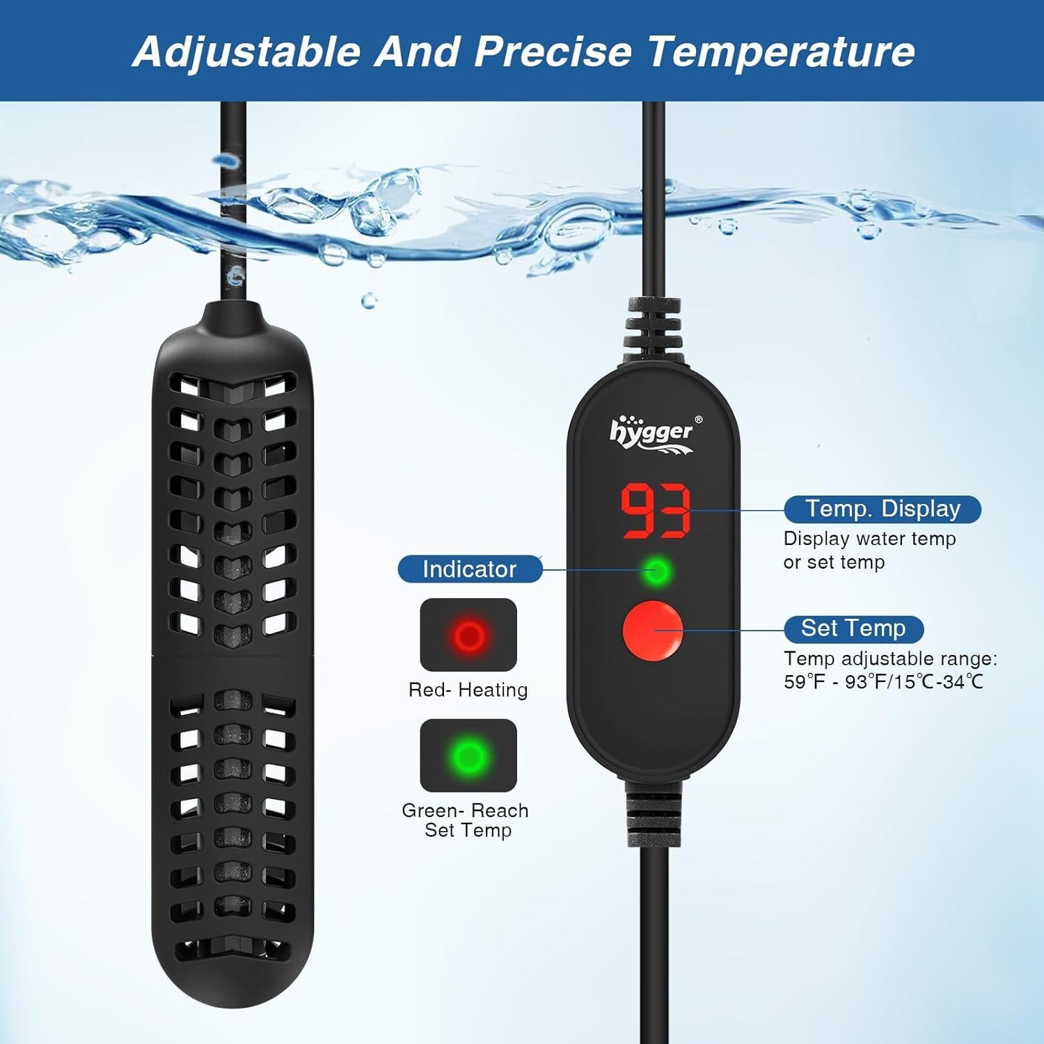 Calentador de Acuario Hygger 50W para Tanques 37-76L